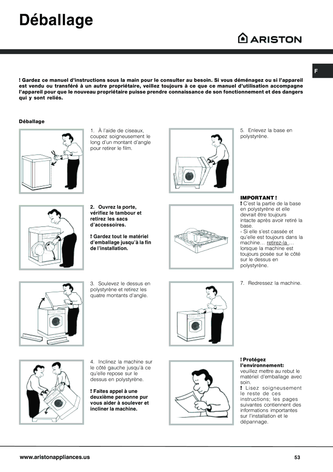 Ariston AW 125 important safety instructions Déballage 