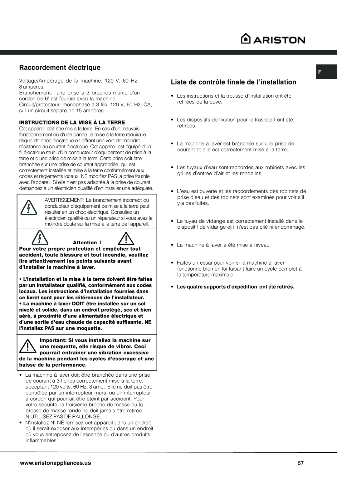 Ariston AW 125 important safety instructions Raccordement électrique, Liste de contrôle finale de l’installation 