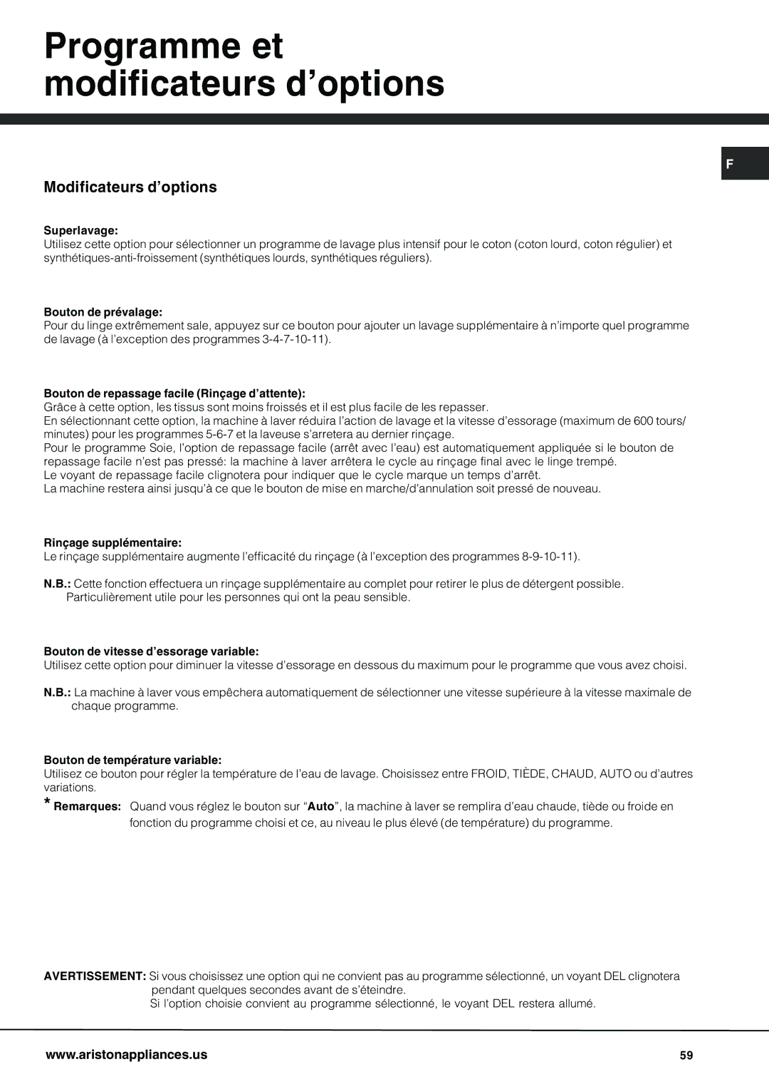 Ariston AW 125 important safety instructions Programme et modificateurs d’options, Modificateurs d’options 