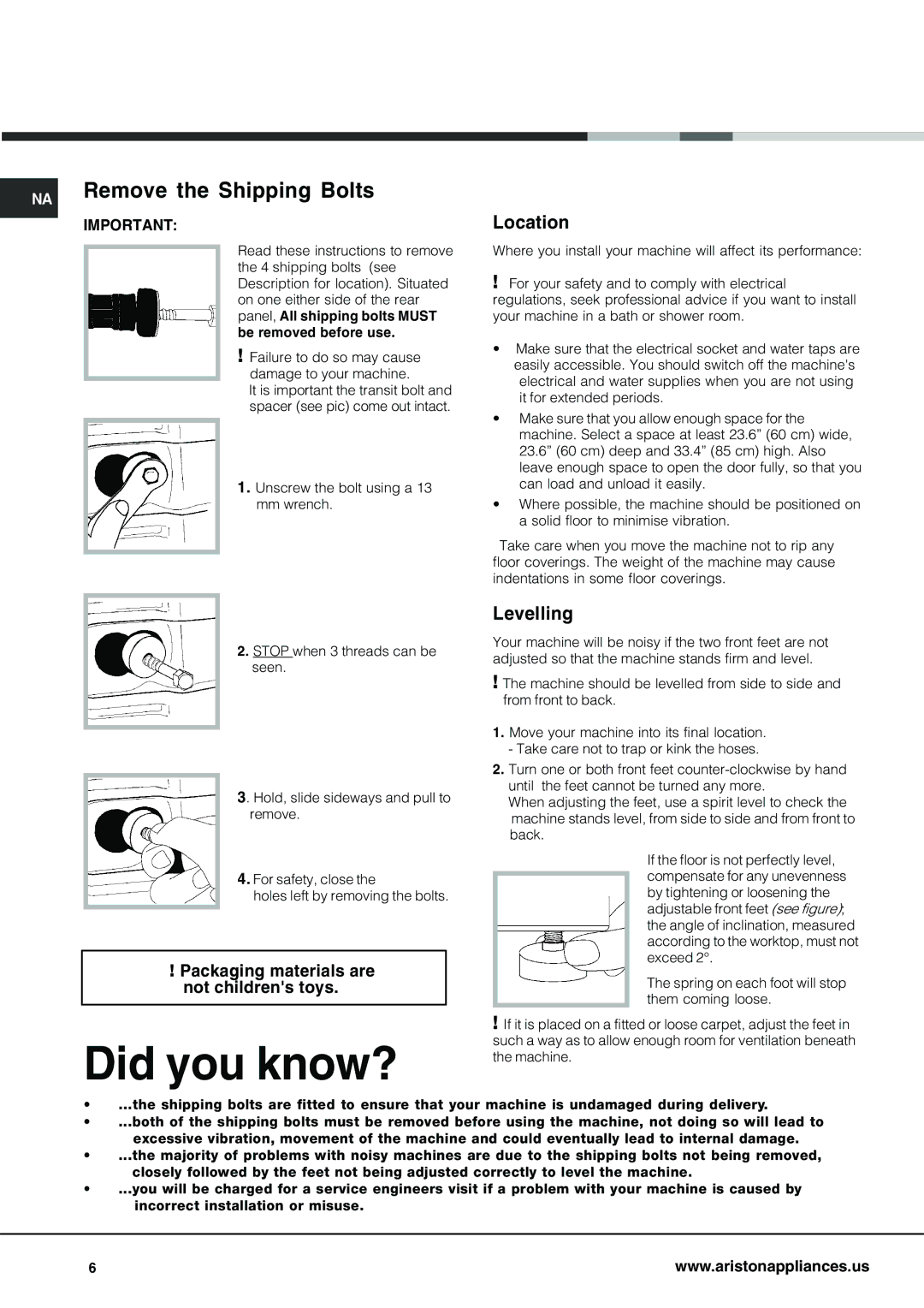 Ariston AW 125 important safety instructions Remove the Shipping Bolts, Location, Levelling 