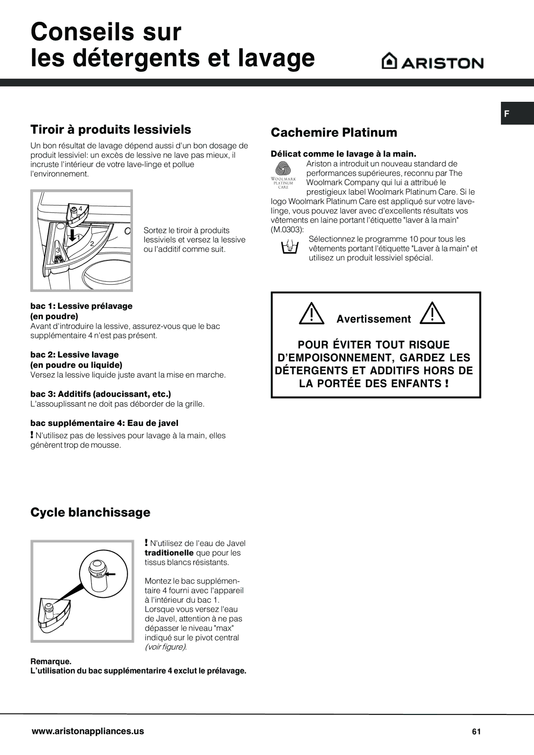 Ariston AW 125 Conseils sur Les détergents et lavage, Tiroir à produits lessiviels, Cycle blanchissage, Avertissement 