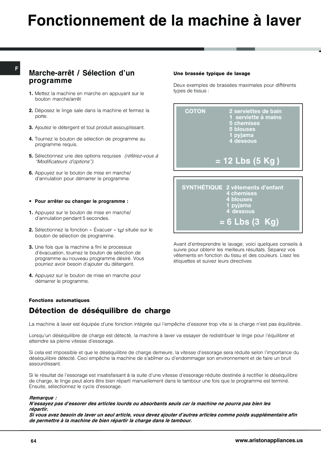 Ariston AW 125 important safety instructions Fonctionnement de la machine à laver, Marche-arrêt / Sélection d’un programme 