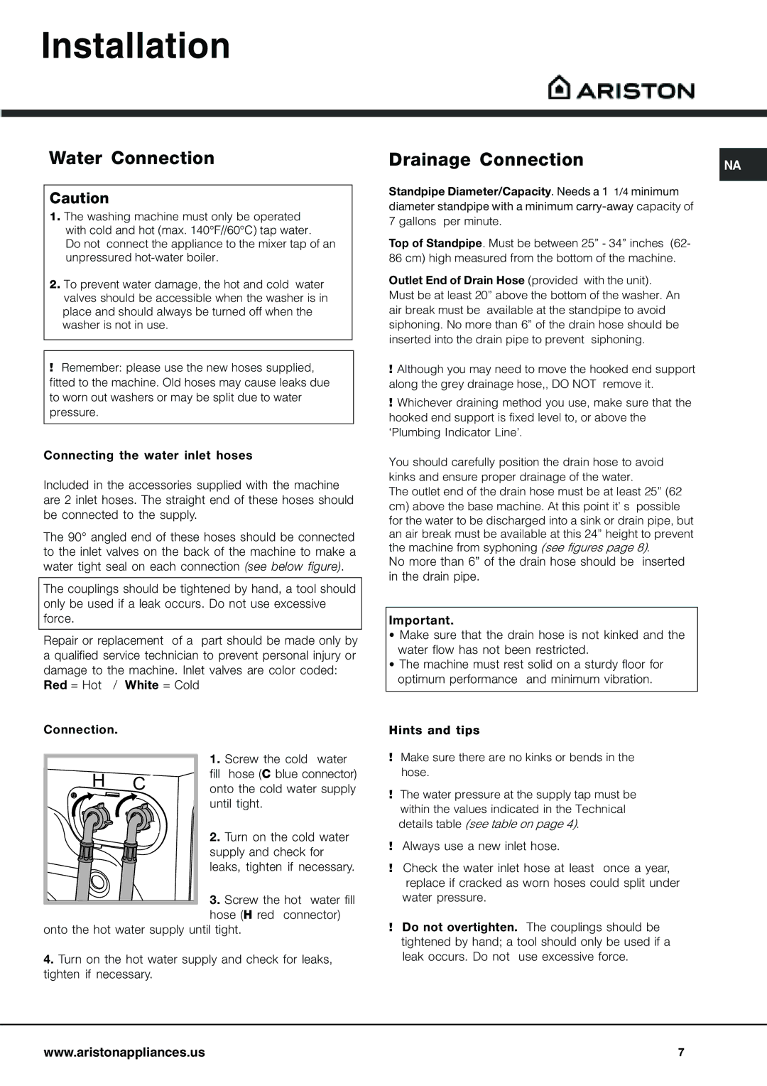 Ariston AW 125 important safety instructions Installation, Water Connection, Hints and tips, Always use a new inlet hose 