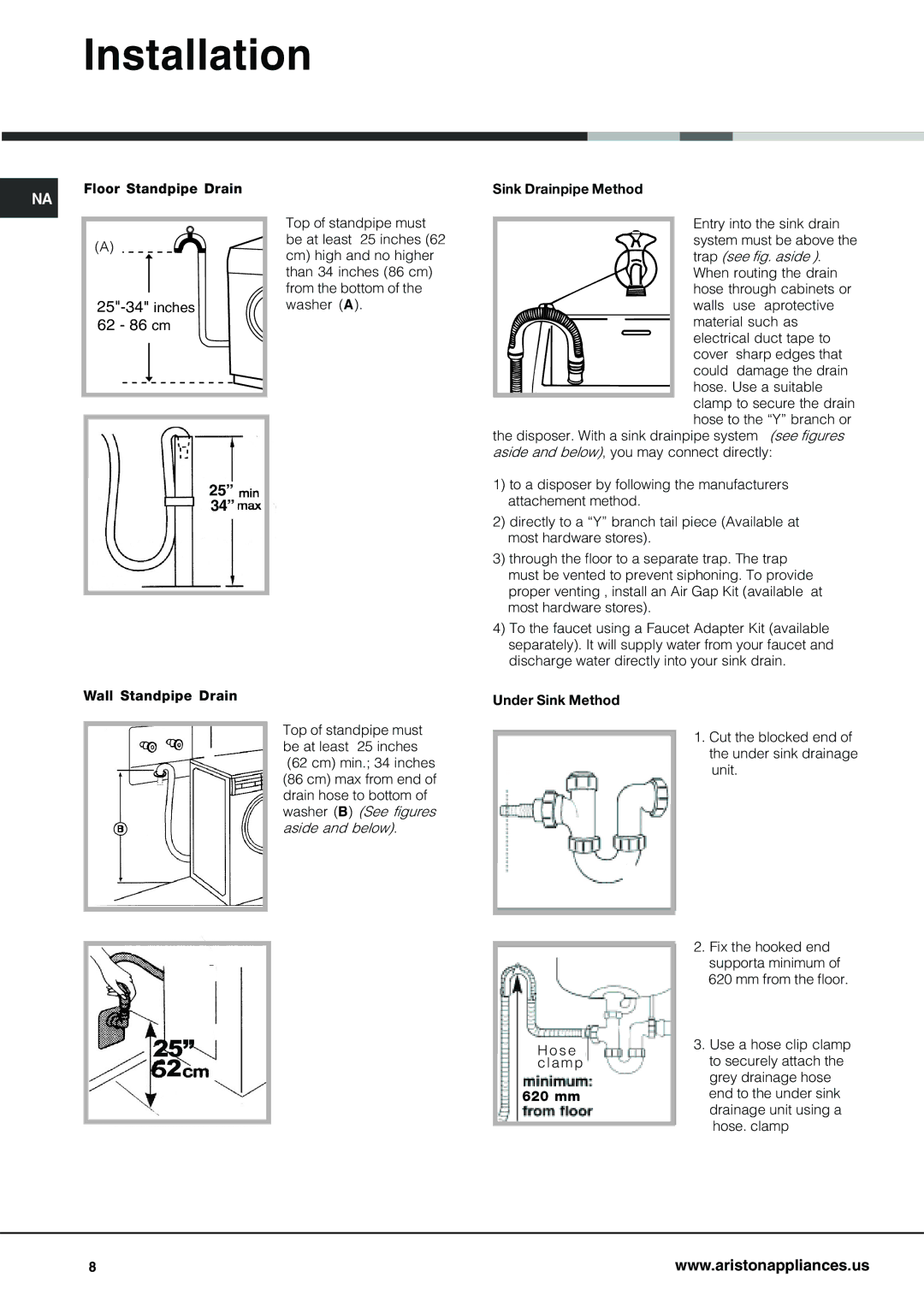 Ariston AW 125 important safety instructions Inches, 62 86 cm 