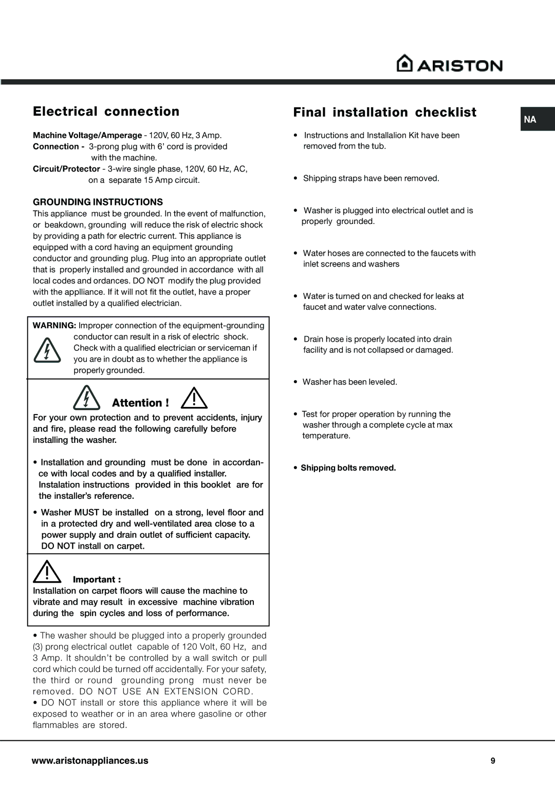 Ariston AW 125 important safety instructions Electrical connection, Final installation checklist 