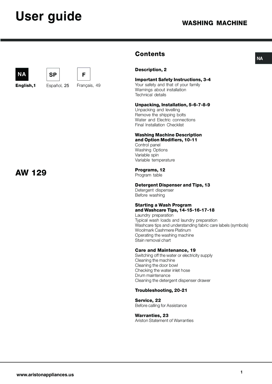 Ariston AW 129 important safety instructions User guide, Contents 