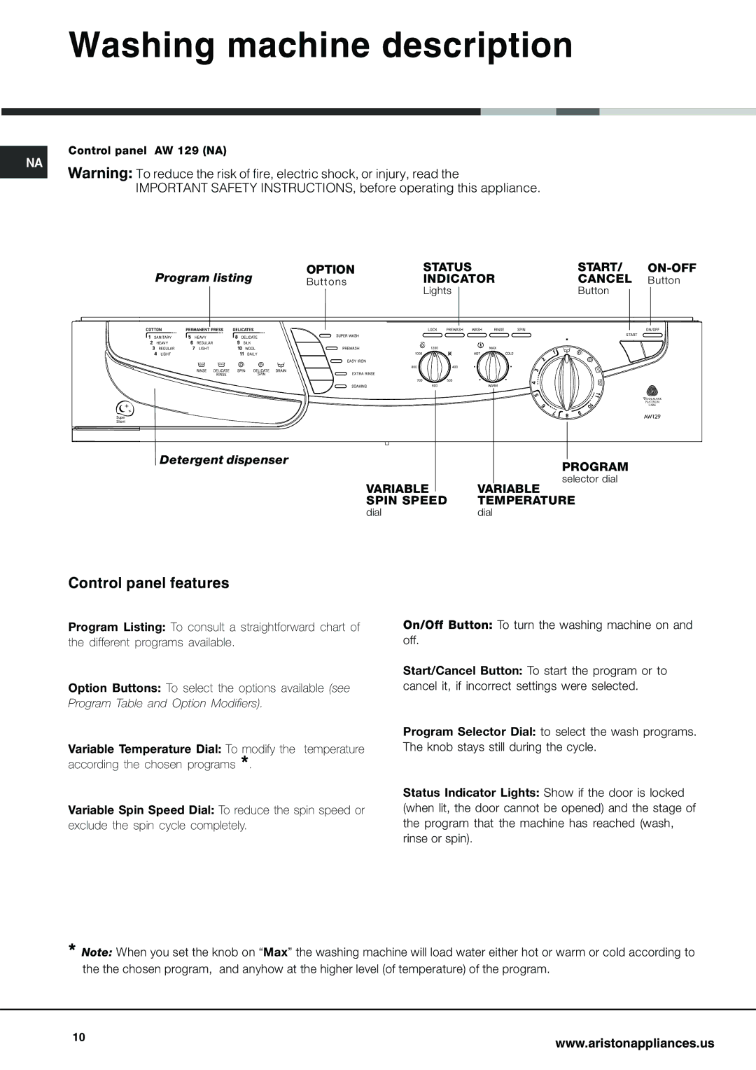 Ariston AW 129 important safety instructions Washing machine description, Control panel features, Program listing 