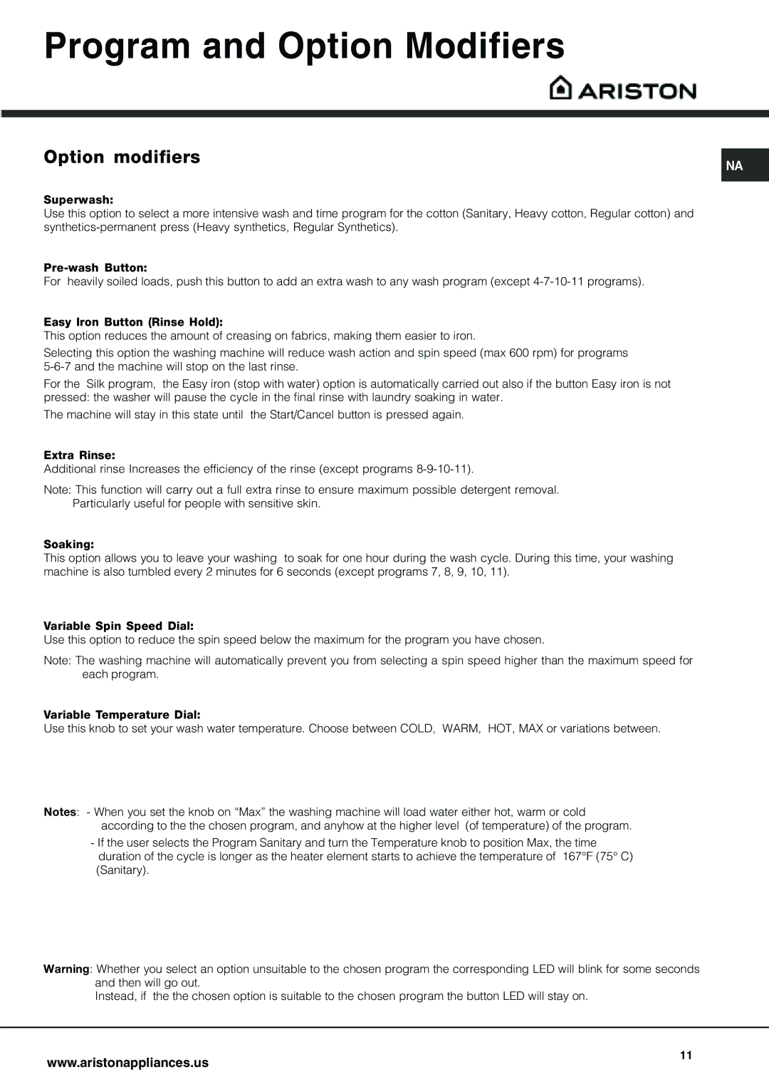 Ariston AW 129 important safety instructions Program and Option Modifiers, Option modifiers 