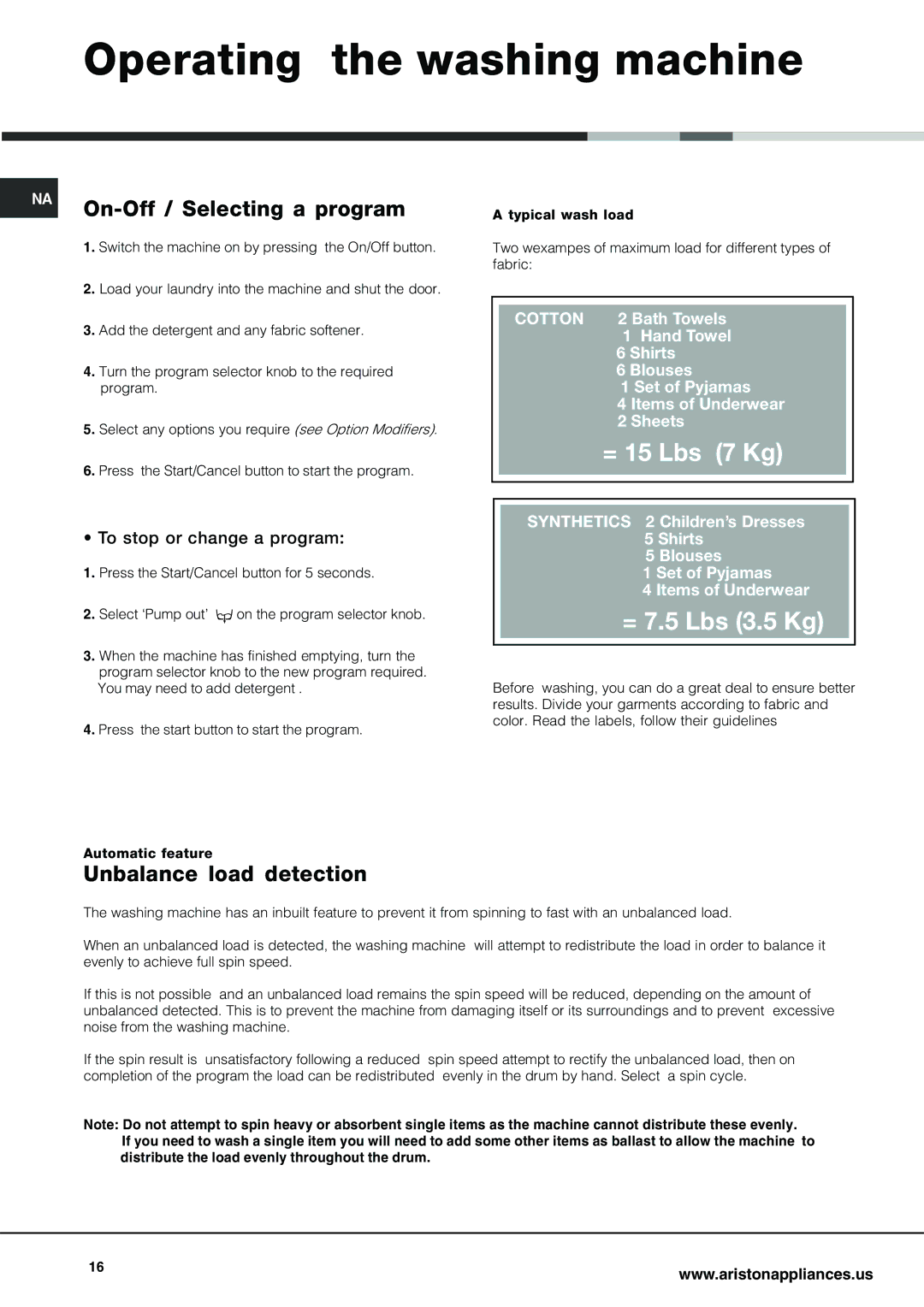 Ariston AW 129 important safety instructions On-Off / Selecting a program, Unbalance load detection 