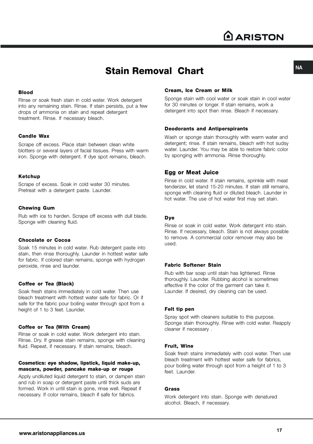 Ariston AW 129 important safety instructions Stain Removal Chart 