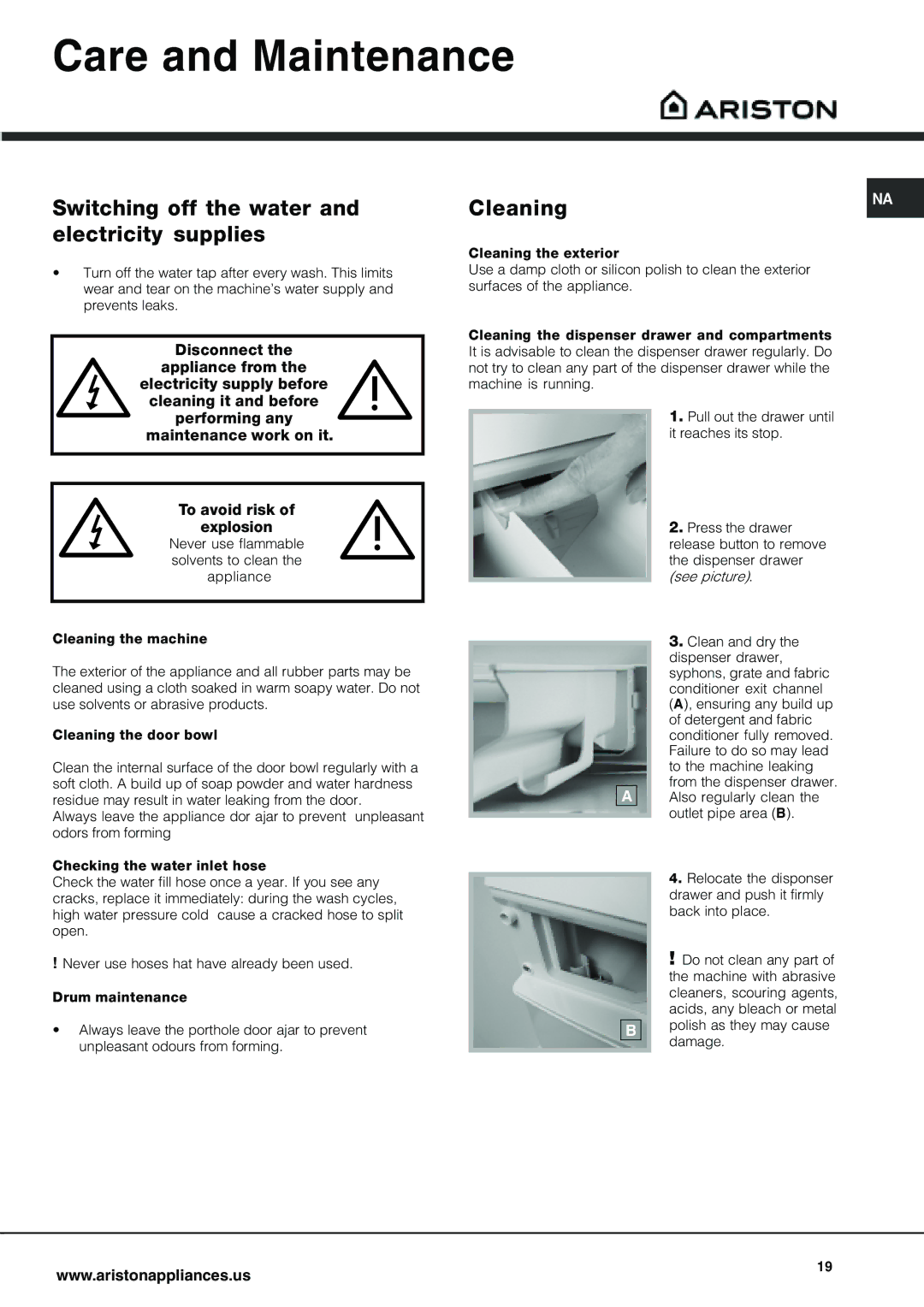 Ariston AW 129 important safety instructions Care and Maintenance, Switching off the water and electricity supplies 