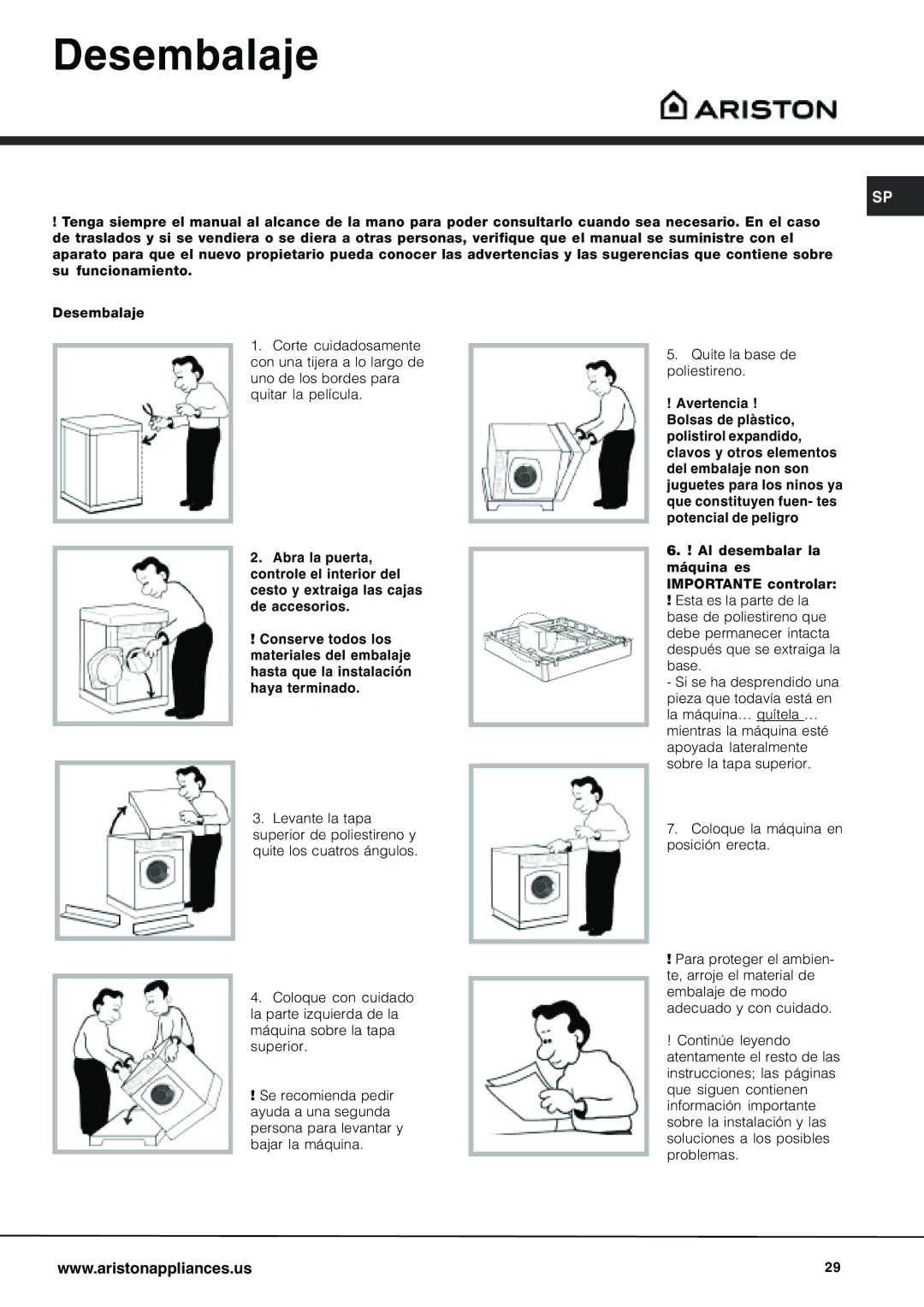 Ariston AW 129 important safety instructions Desembalaje 