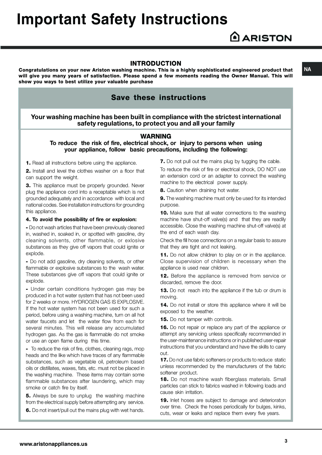 Ariston AW 129 important safety instructions Important Safety Instructions, Introduction 