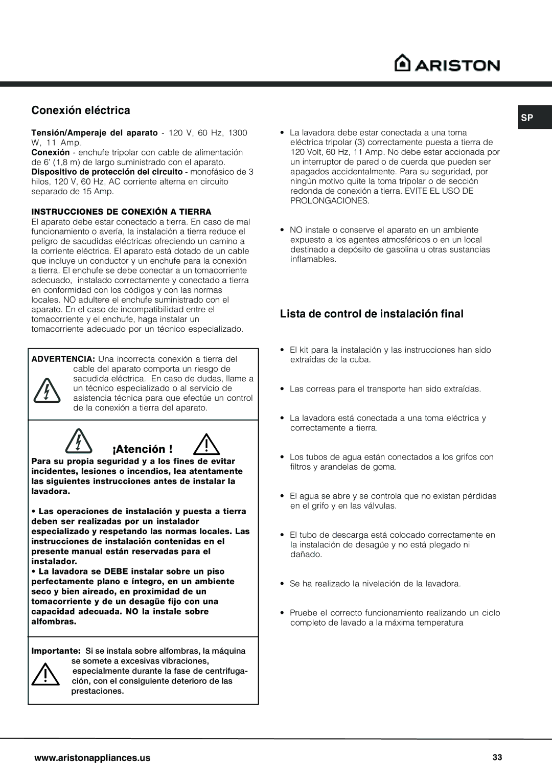 Ariston AW 129 important safety instructions Conexión eléctrica, ¡Atención, Lista de control de instalación final 