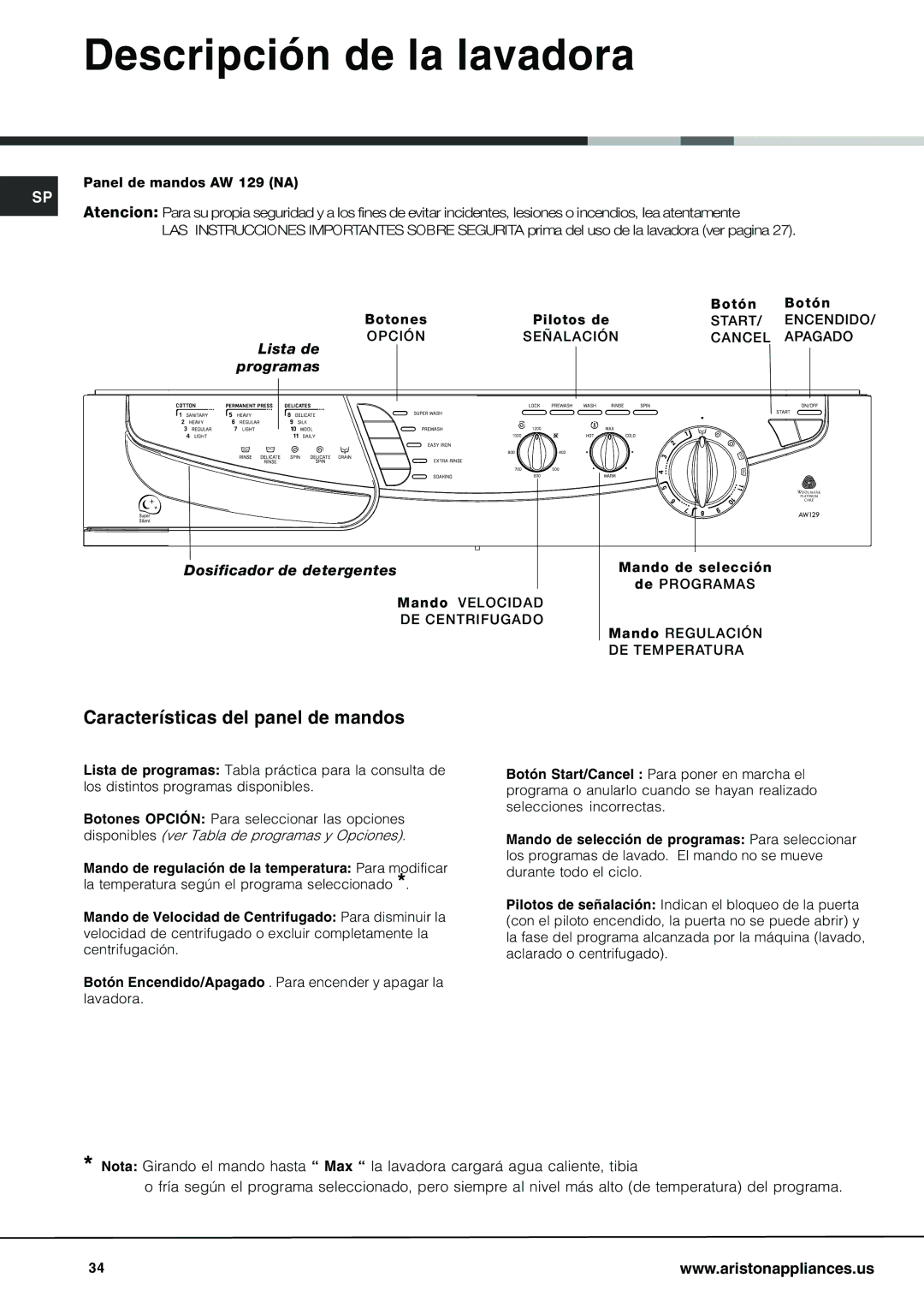 Ariston AW 129 important safety instructions Descripción de la lavadora, Características del panel de mandos 