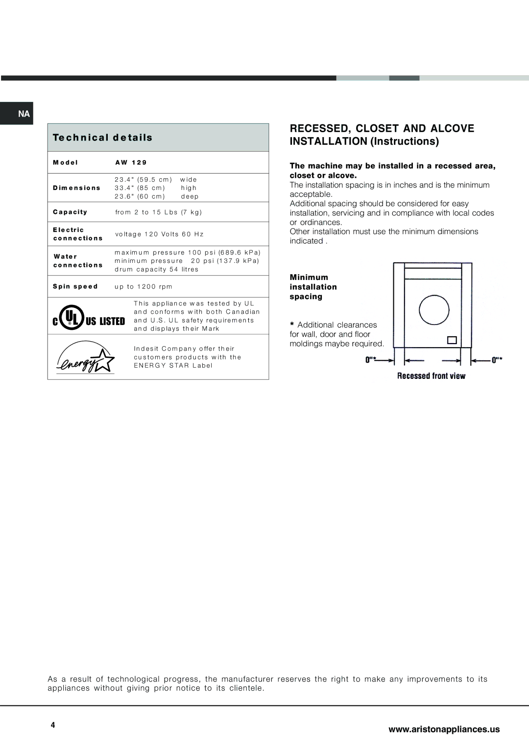 Ariston AW 129 important safety instructions RECESSED, Closet and Alcove Installation Instructions, Te ch n ical d e tails 