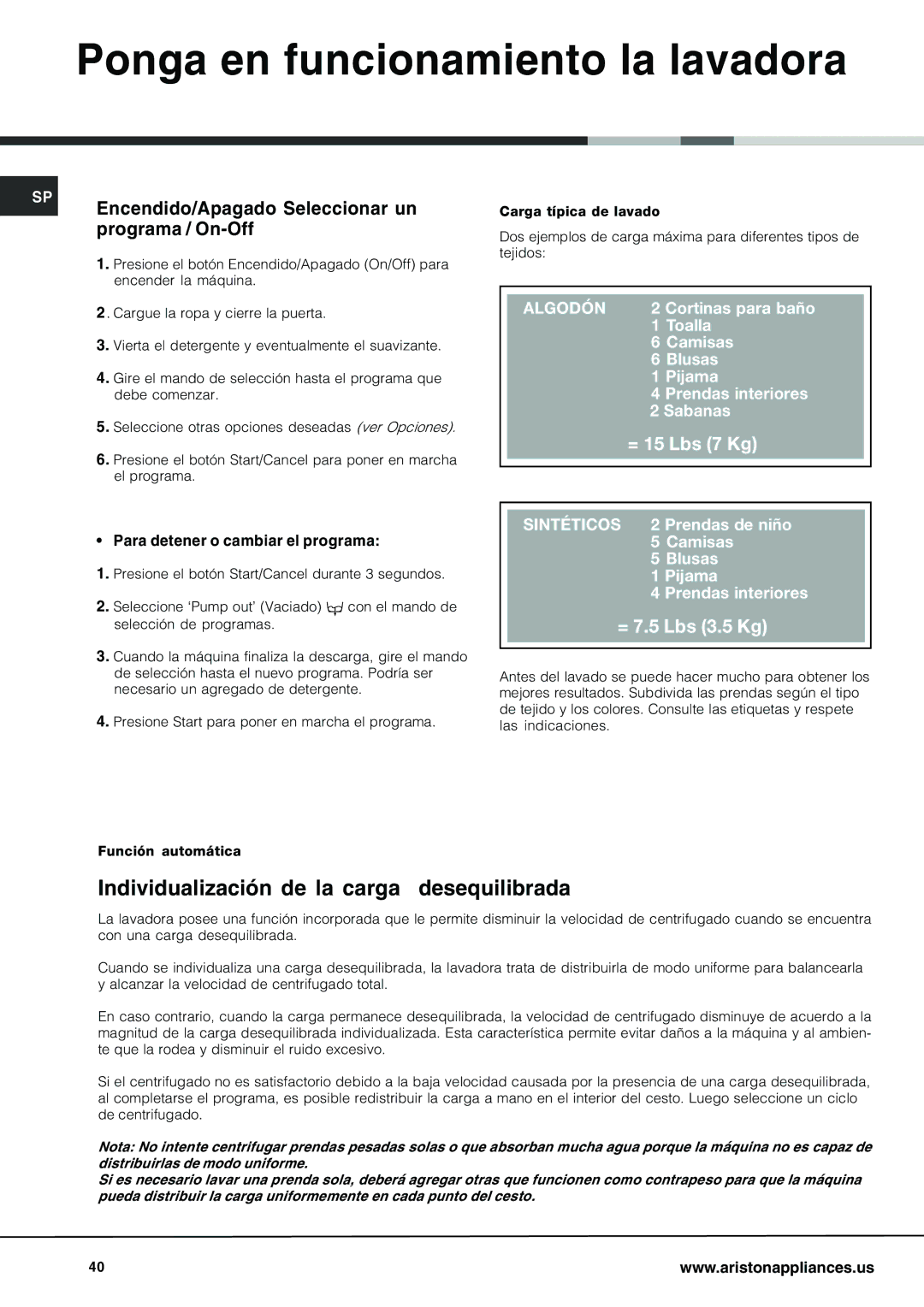 Ariston AW 129 Ponga en funcionamiento la lavadora, Individualización de la carga desequilibrada, Programa / On-Off 