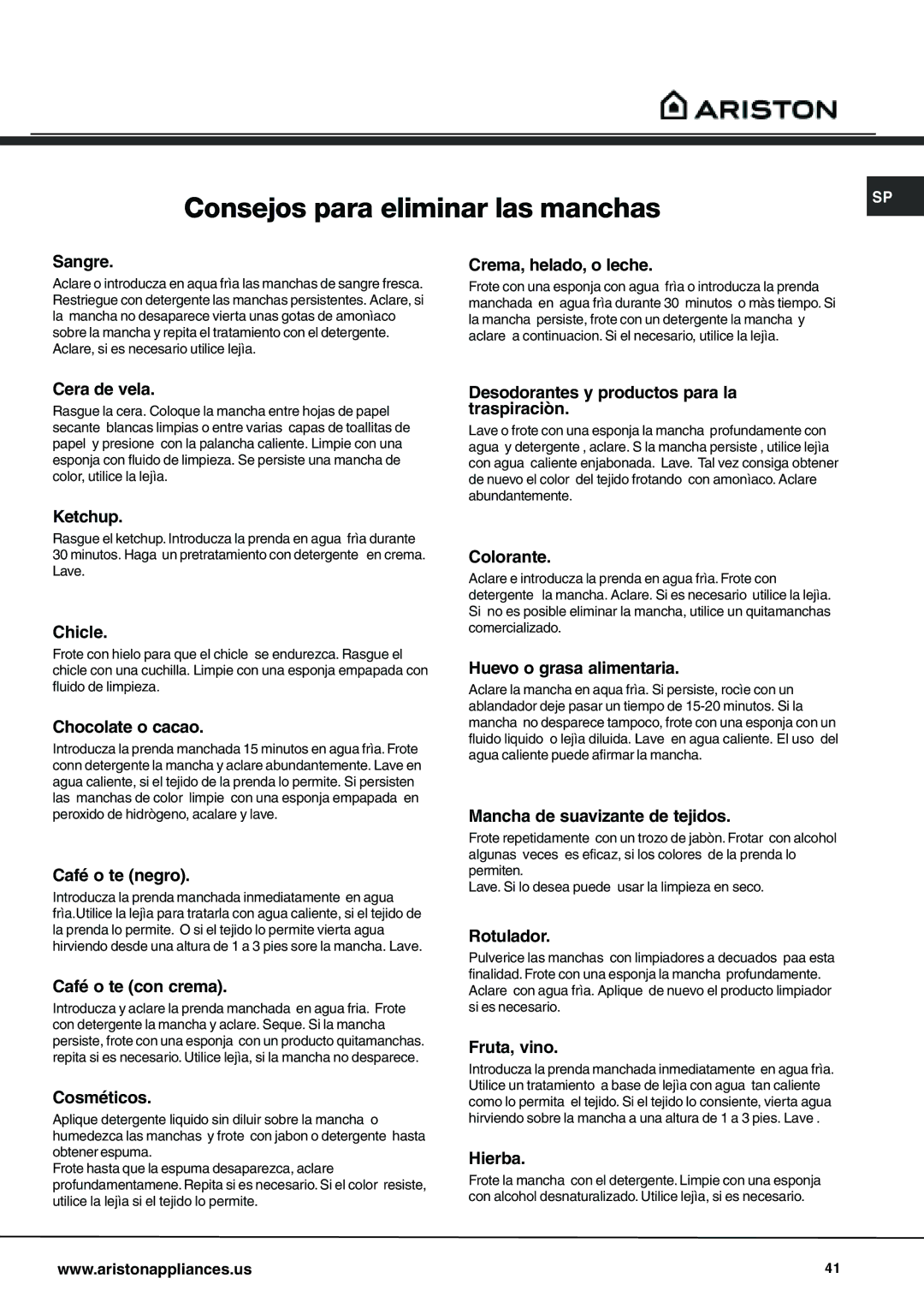 Ariston AW 129 important safety instructions Consejos para eliminar las manchas 