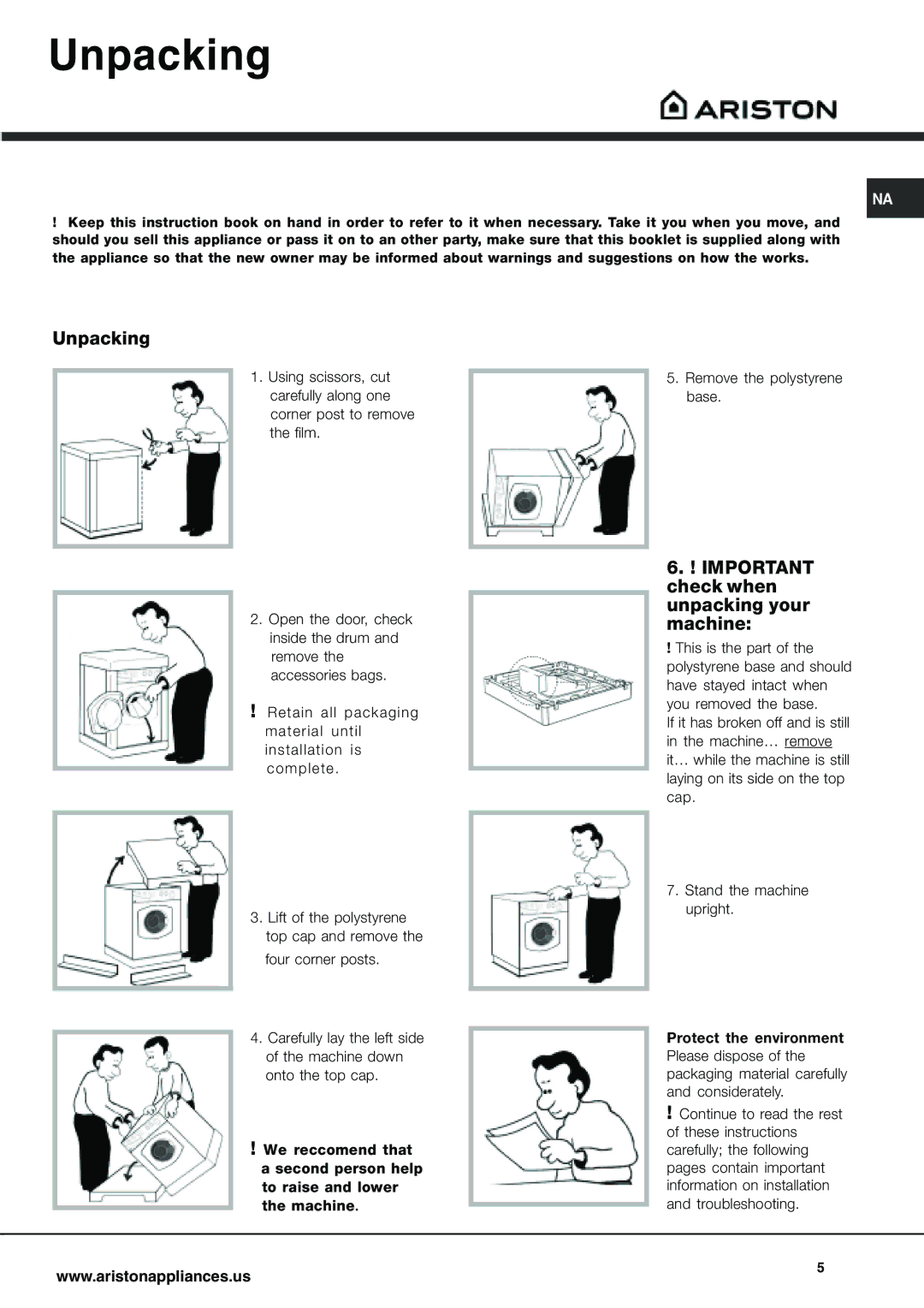 Ariston AW 129 important safety instructions Unpacking, Important check when unpacking your machine 