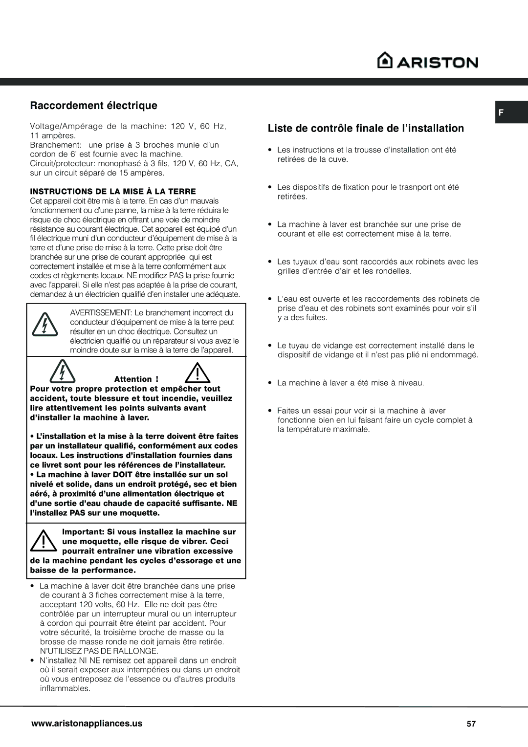 Ariston AW 129 important safety instructions Raccordement électrique, Liste de contrôle finale de l’installation 