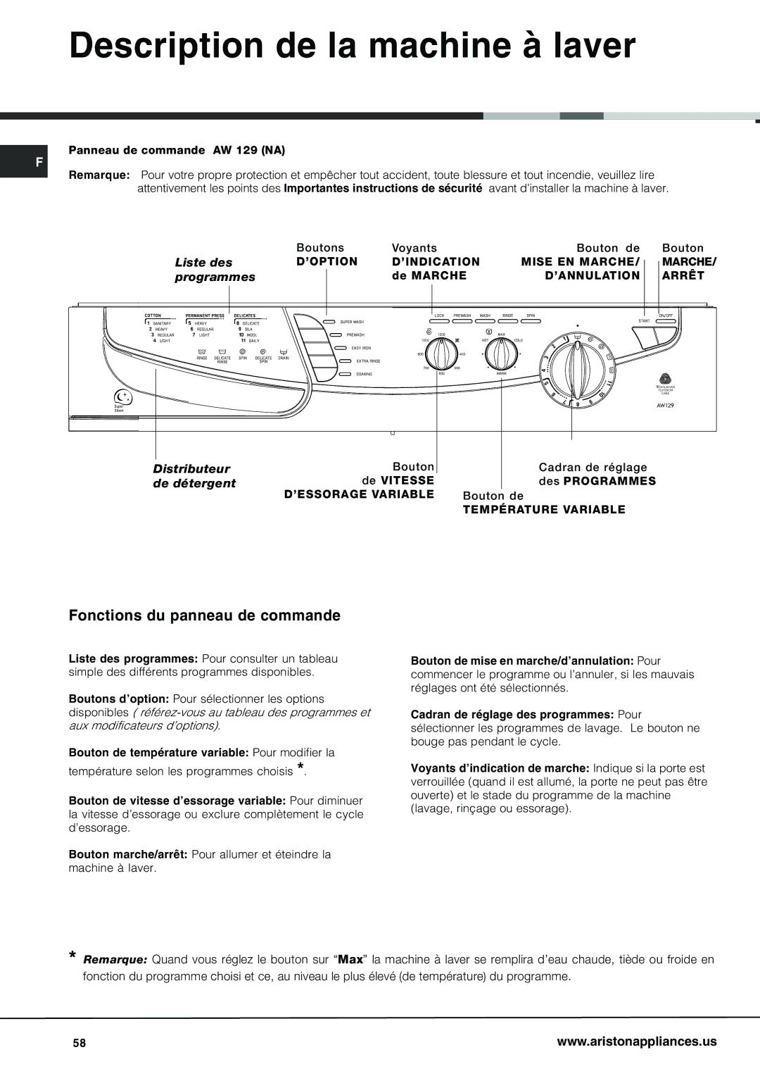 Ariston AW 129 important safety instructions Description de la machine à laver, Fonctions du panneau de commande 