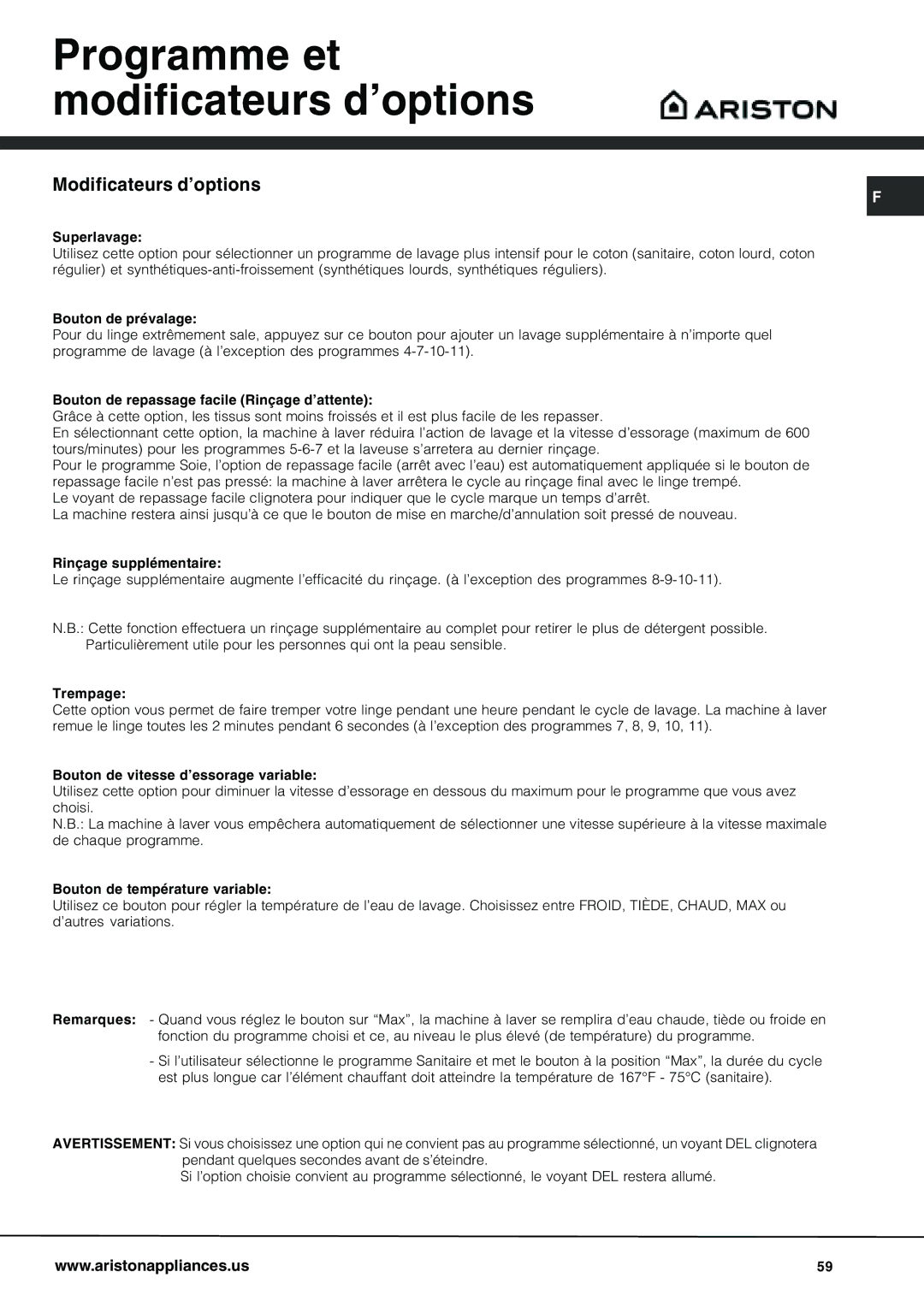 Ariston AW 129 important safety instructions Programme et modificateurs d’options, Modificateurs d’options 