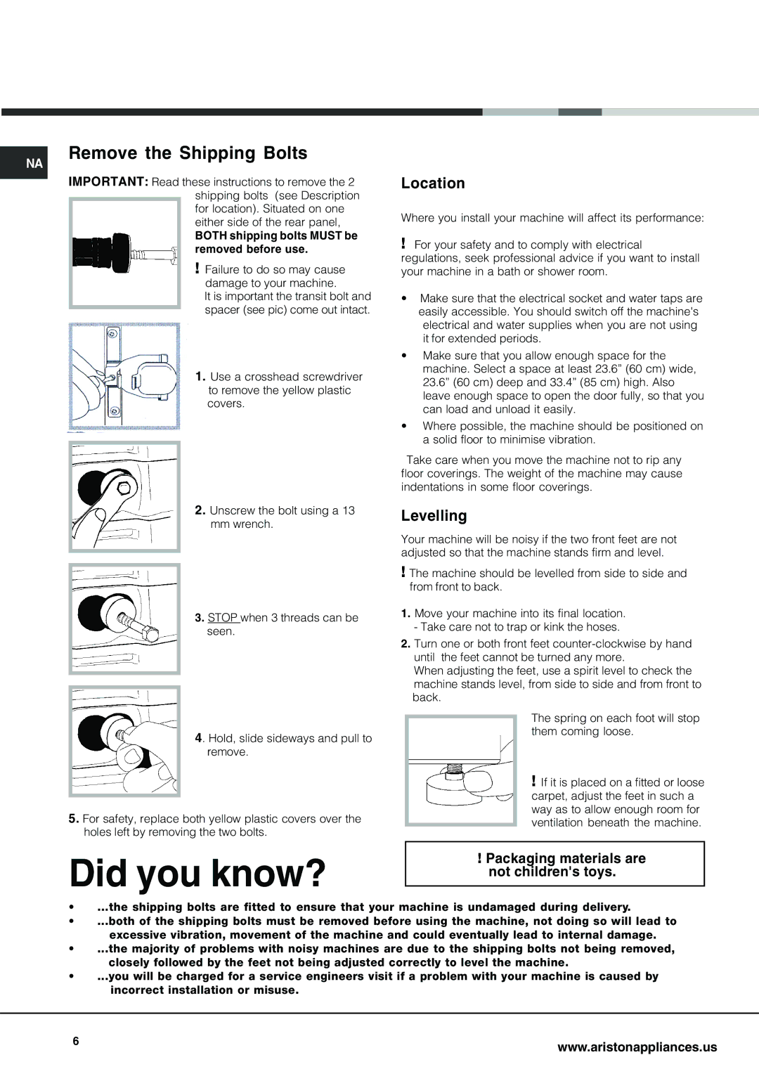 Ariston AW 129 important safety instructions Remove the Shipping Bolts, Location, Levelling 