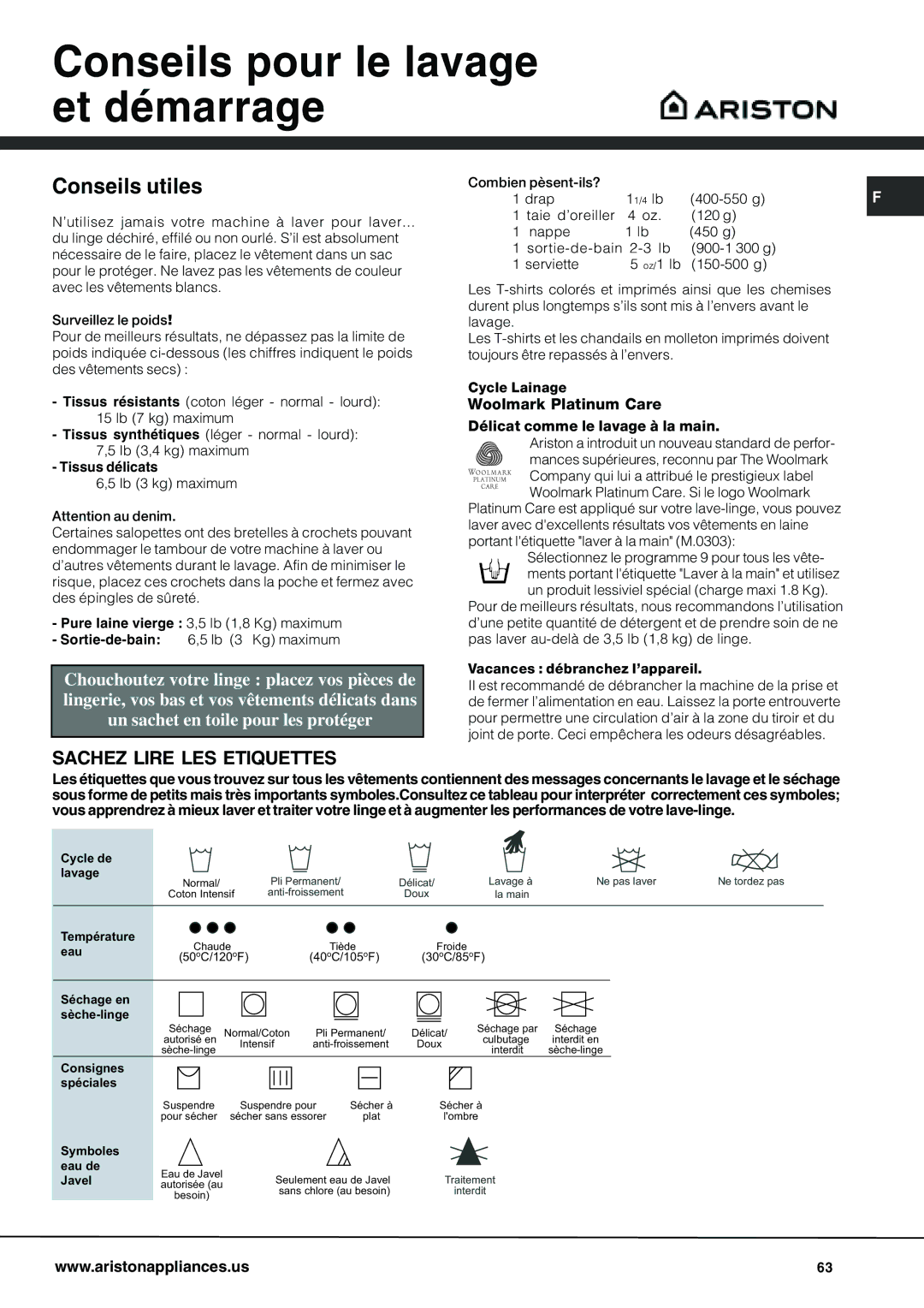 Ariston AW 129 important safety instructions Conseils pour le lavage et démarrage, Conseils utiles 