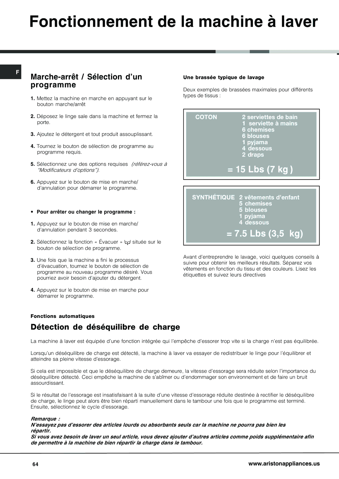 Ariston AW 129 important safety instructions Fonctionnement de la machine à laver, Marche-arrêt / Sélection d’un programme 