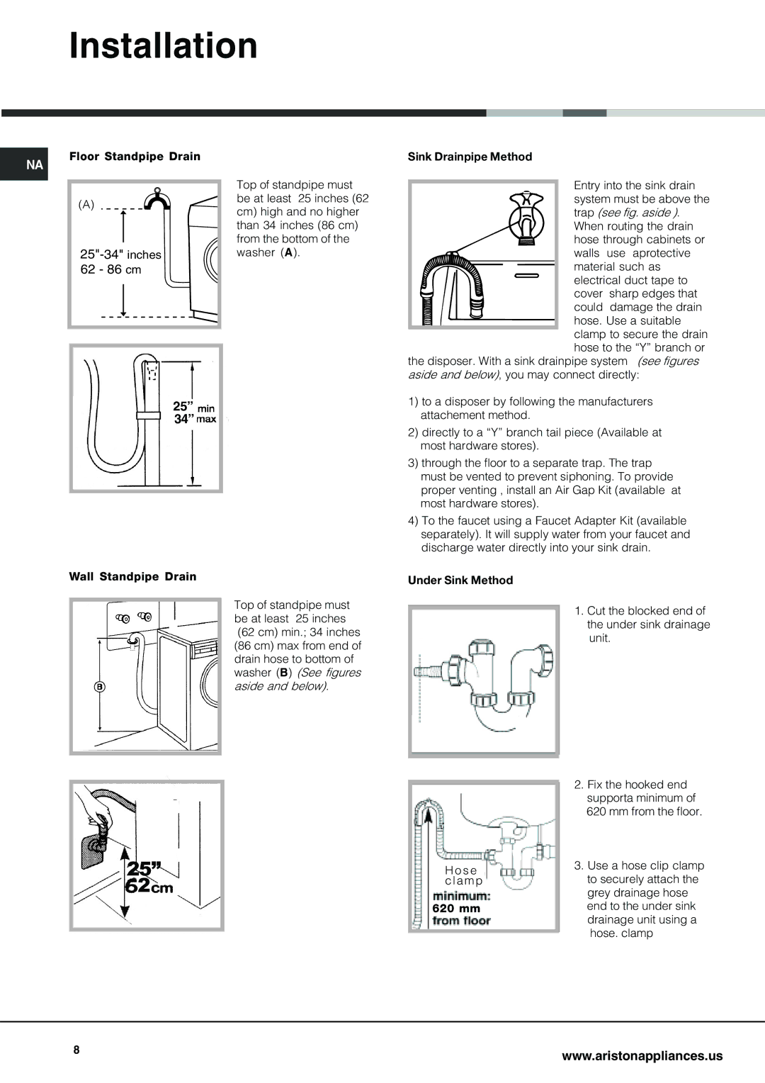 Ariston AW 129 important safety instructions Inches, 62 86 cm 