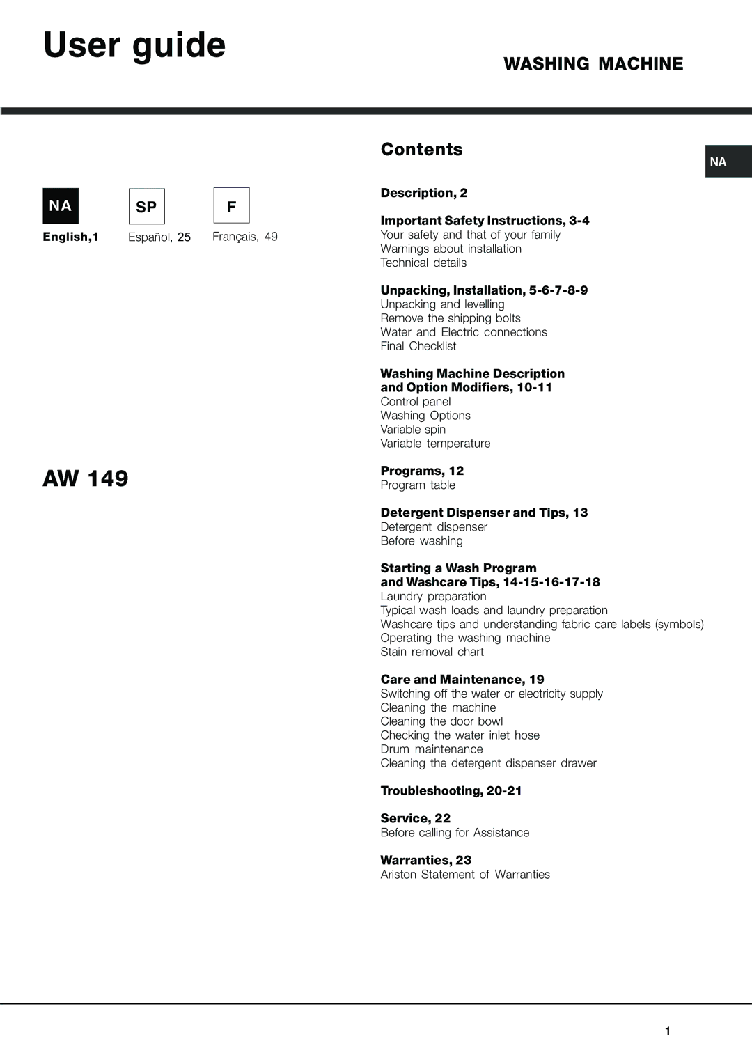 Ariston AW 149 important safety instructions User guide, Contents 