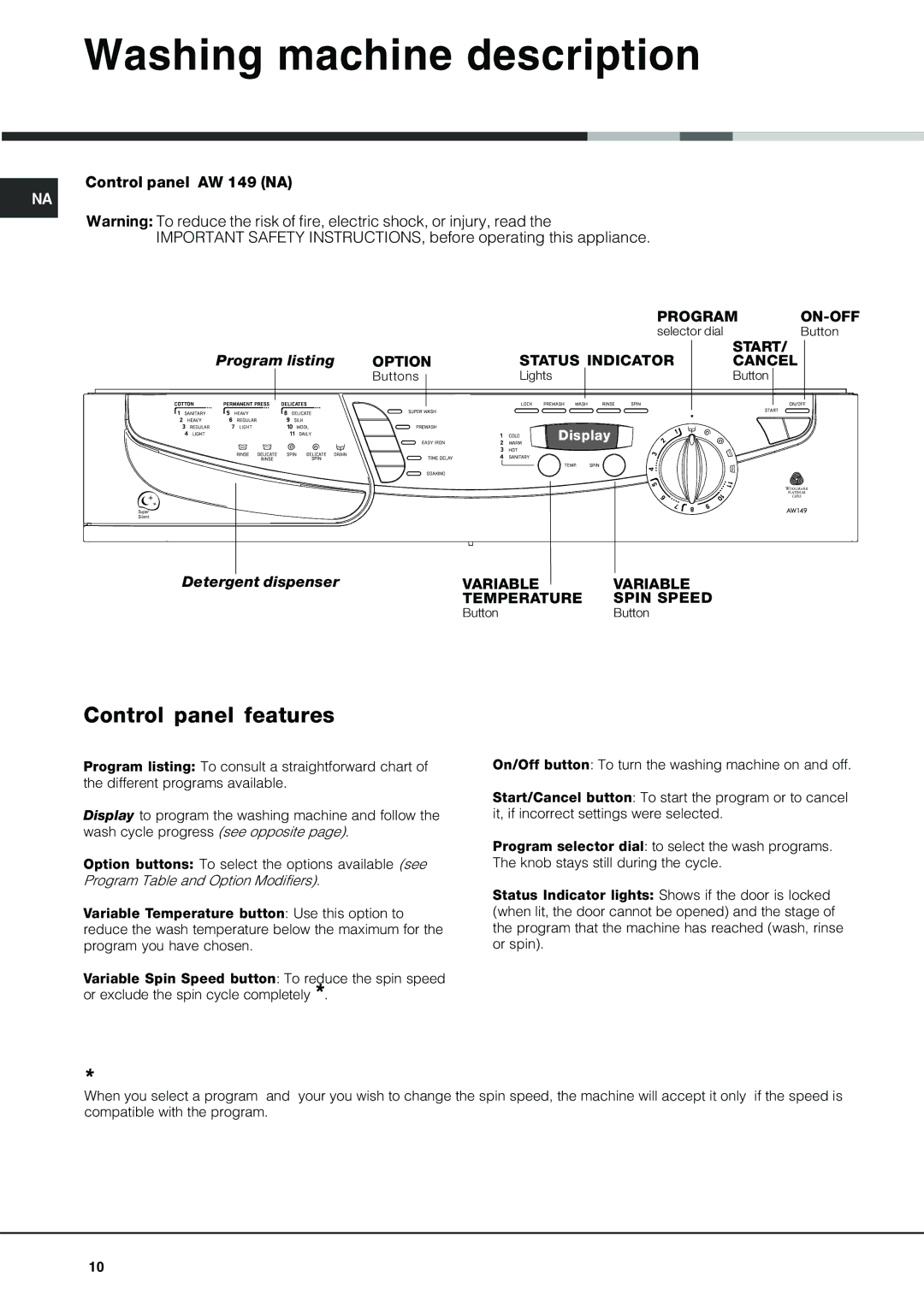 Ariston AW 149 important safety instructions Washing machine description, Control panel features, Program listing 