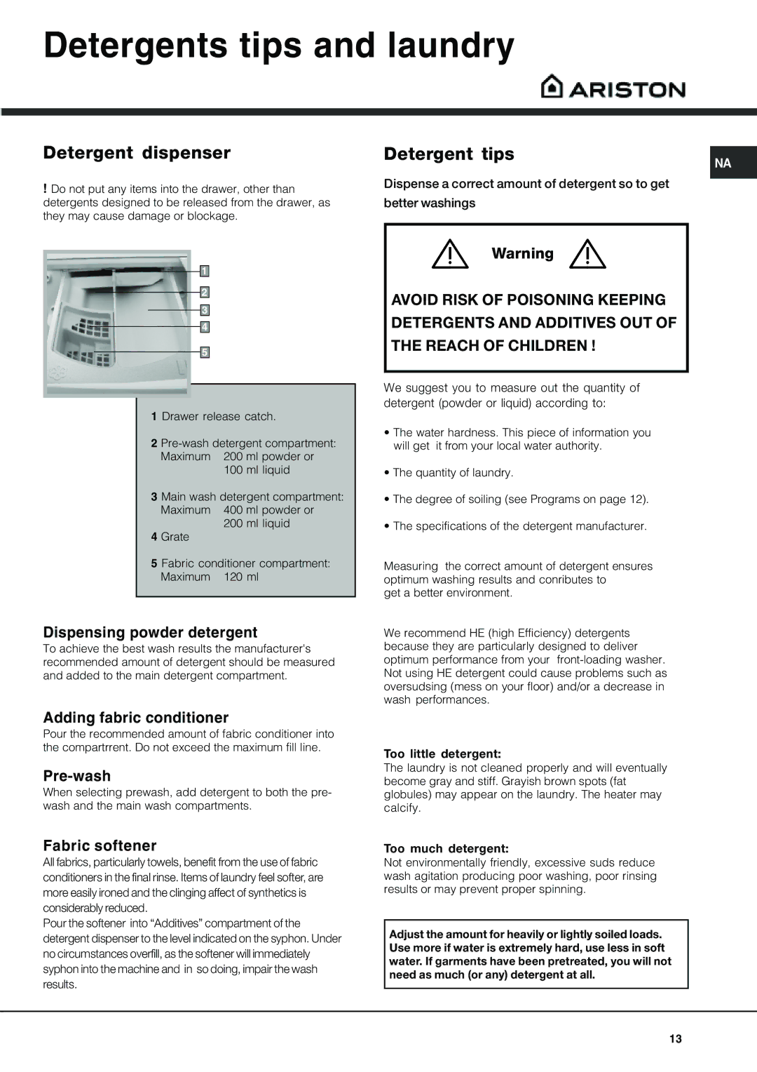 Ariston AW 149 important safety instructions Detergents tips and laundry, Detergent dispenser, Detergent tips 