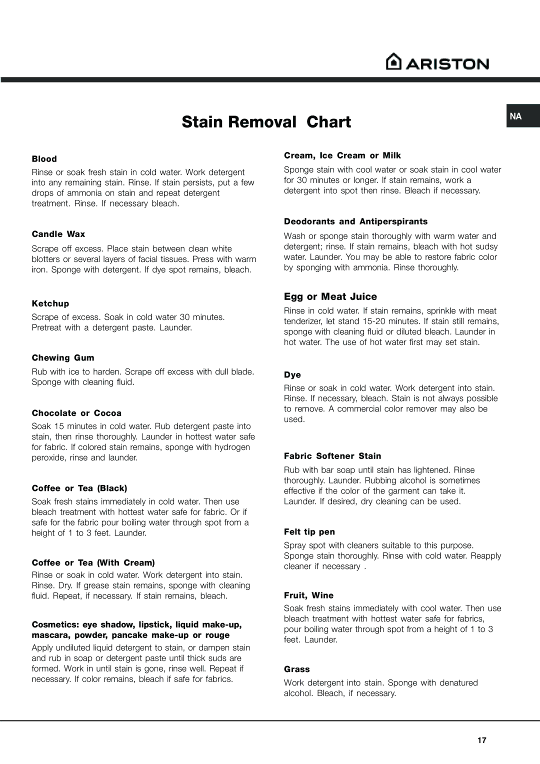 Ariston AW 149 important safety instructions Stain Removal Chart 