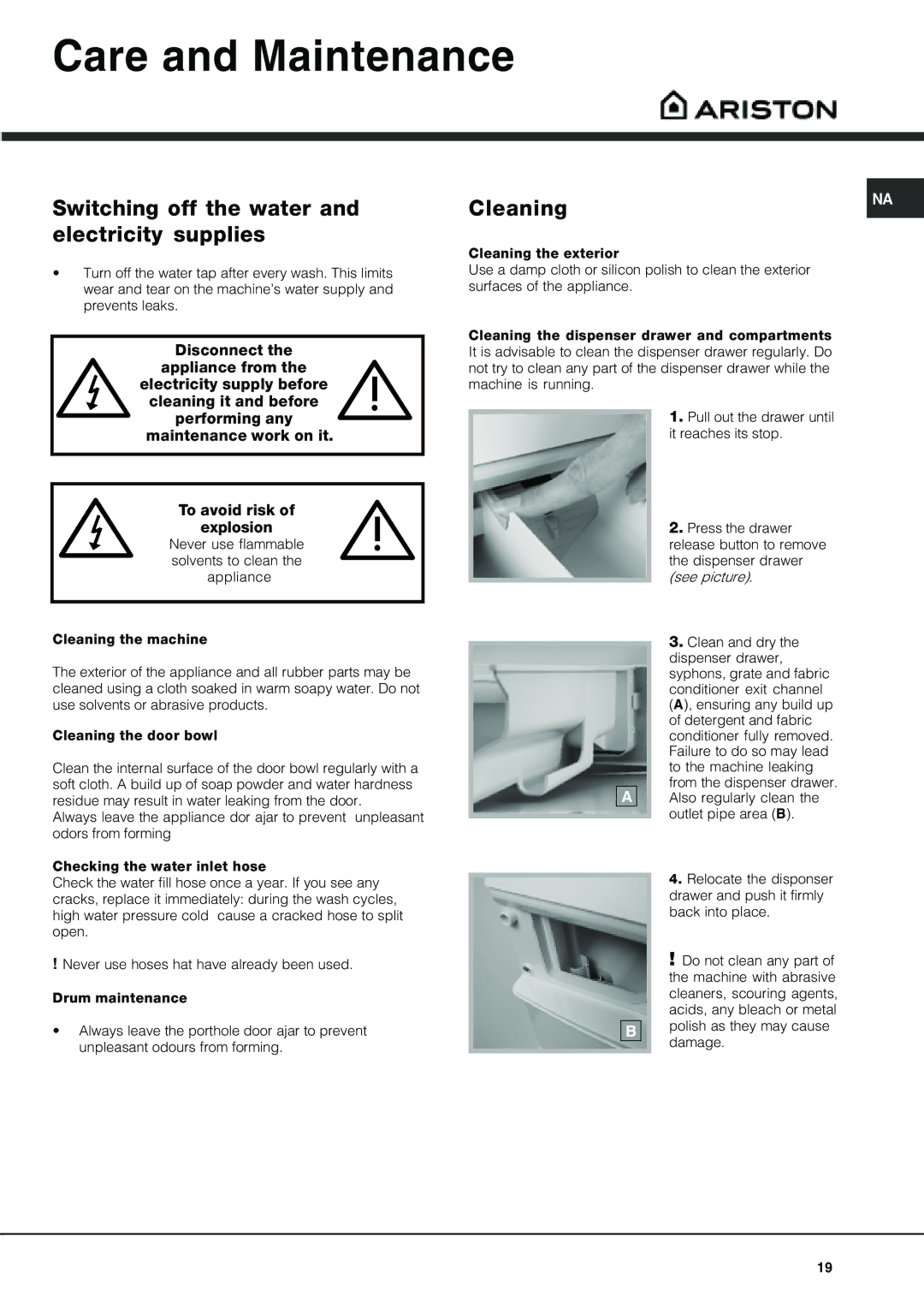 Ariston AW 149 important safety instructions Care and Maintenance, Switching off the water and electricity supplies 