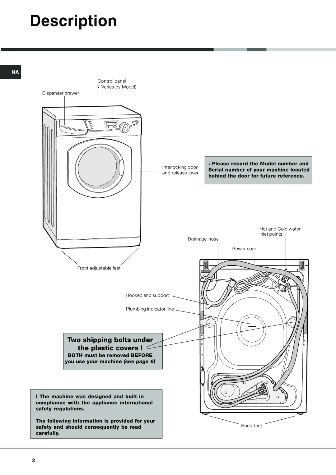 Ariston AW 149 important safety instructions Description, Two shipping bolts under Plastic covers 