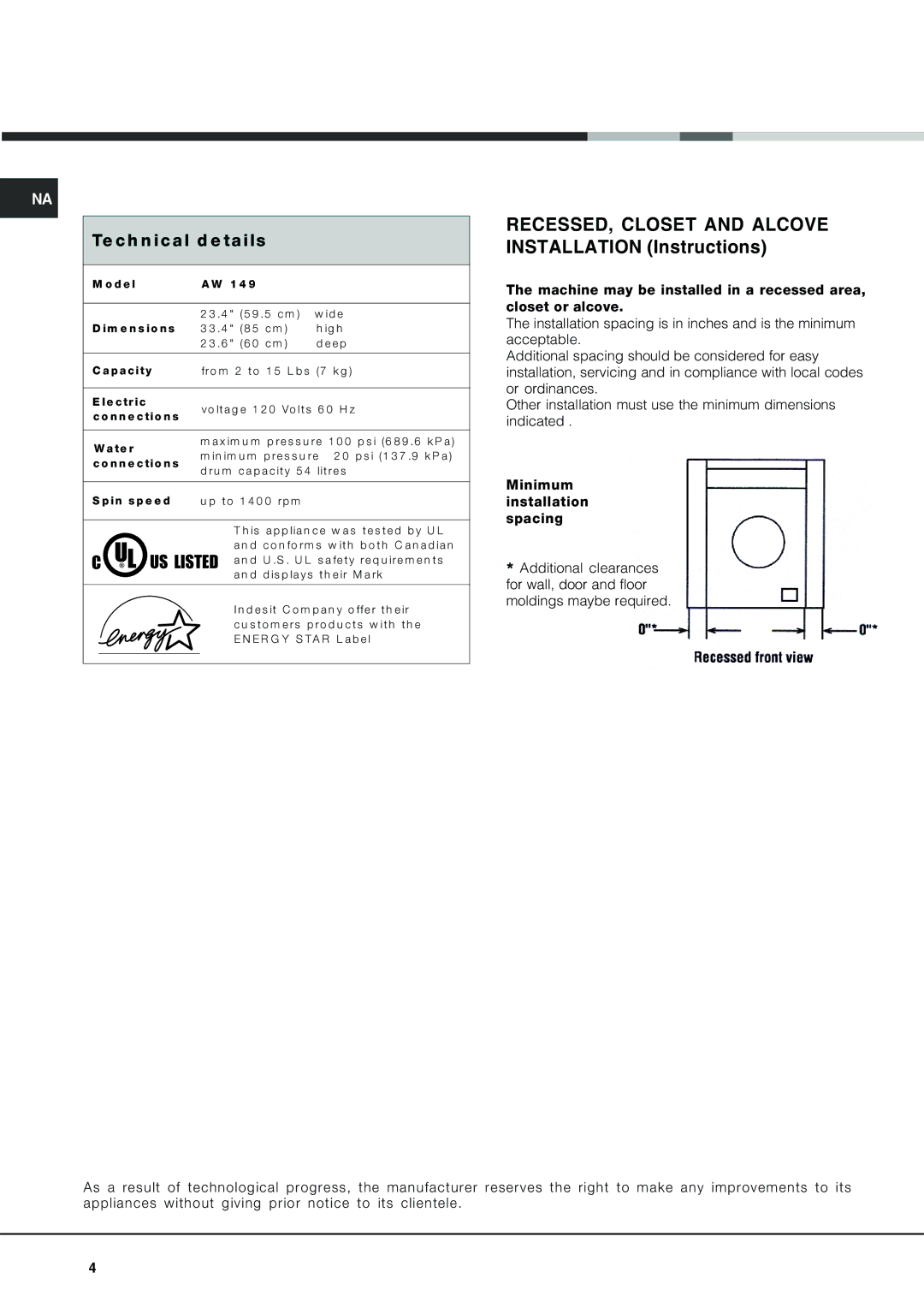 Ariston AW 149 important safety instructions RECESSED, Closet and Alcove Installation Instructions, Te ch n ical d e tails 