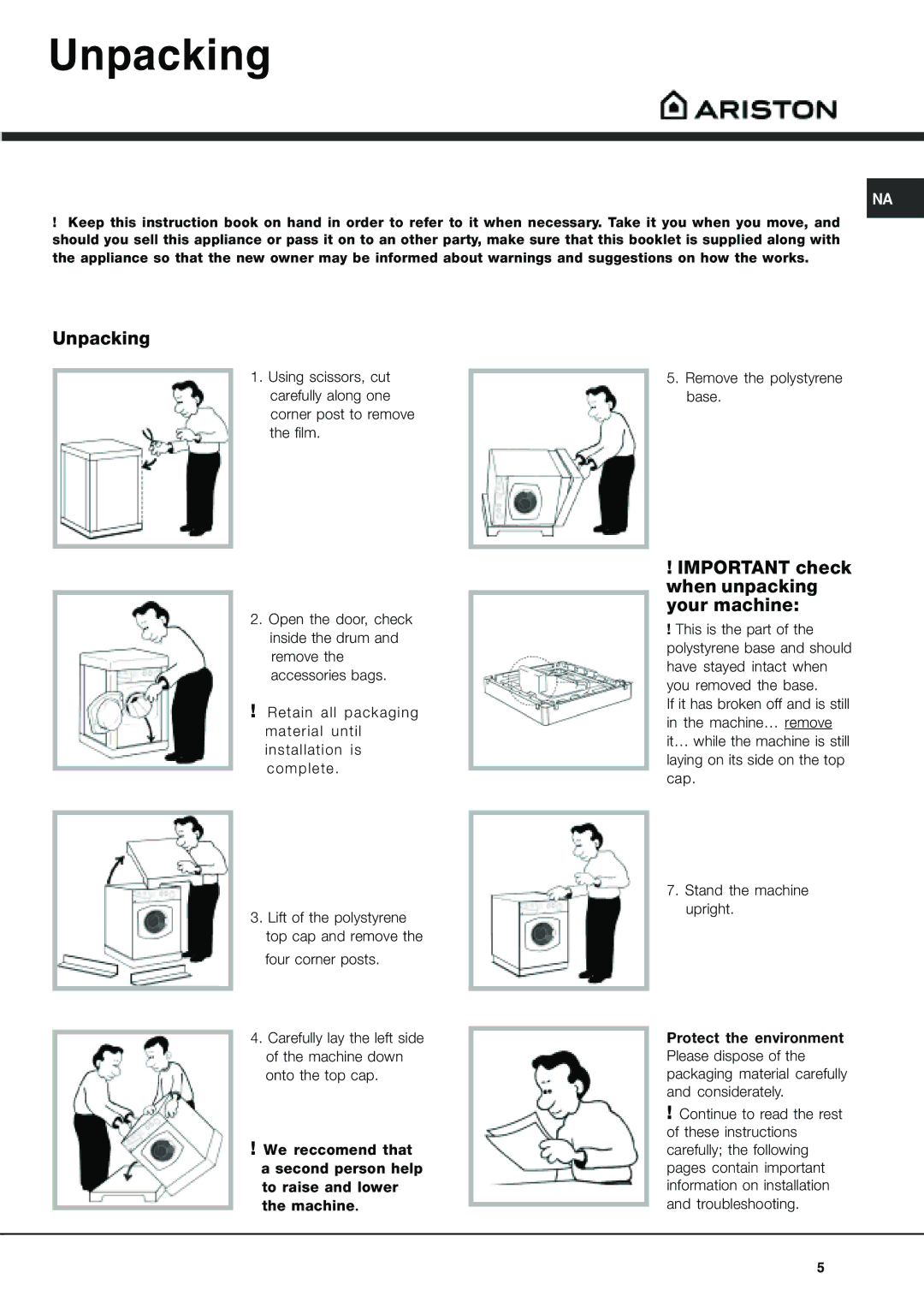 Ariston AW 149 important safety instructions Unpacking, Important check when unpacking your machine, This is the part 