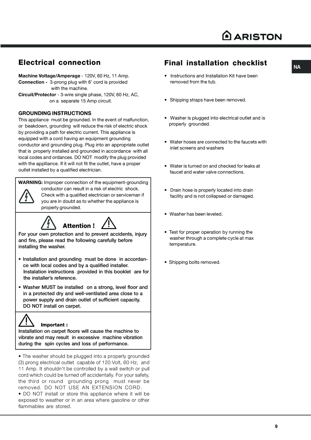 Ariston AW 149 important safety instructions Electrical connection, Final installation checklist 