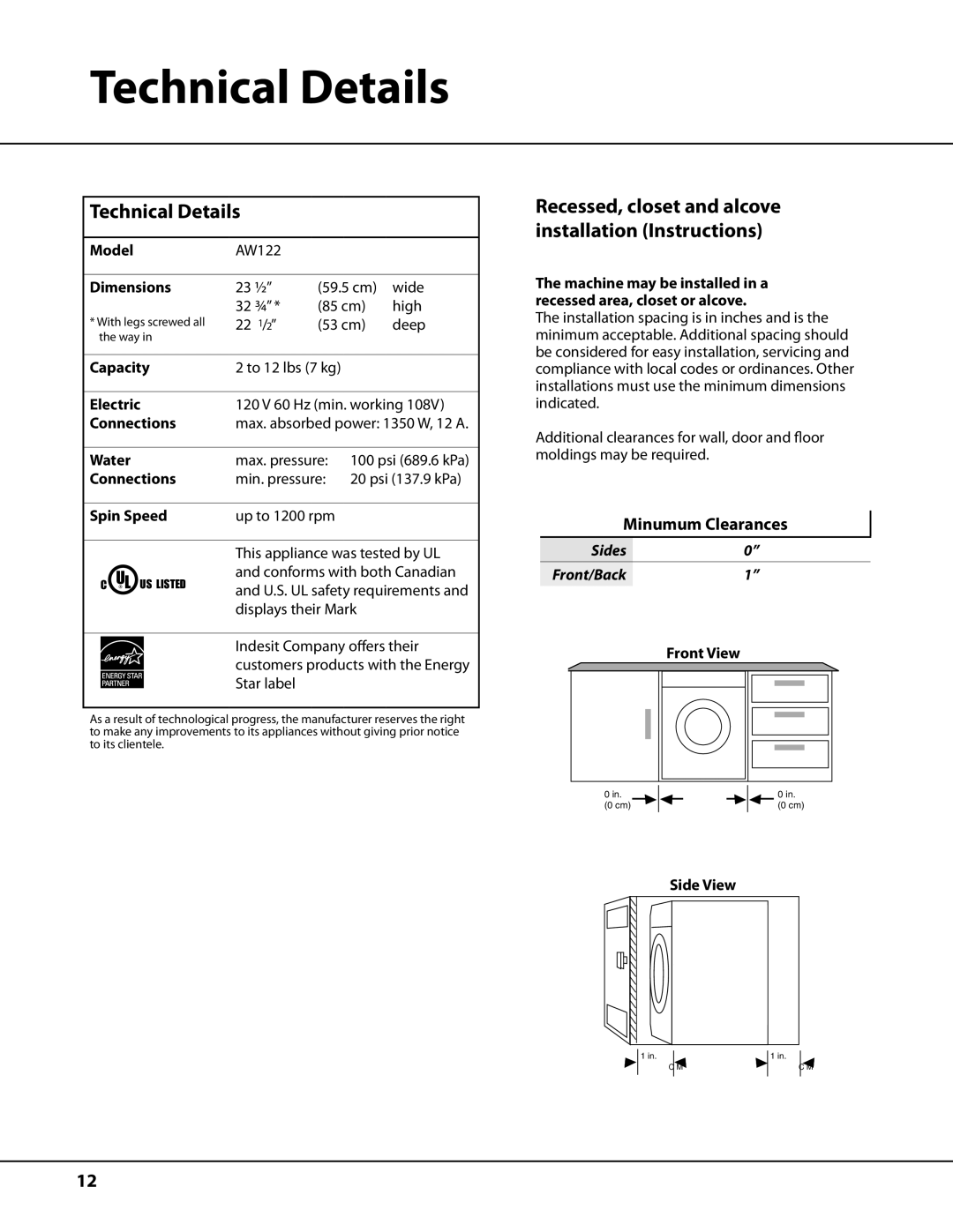 Ariston AW122 Technical Details, Recessed, closet and alcove installation Instructions, Minumum Clearances 