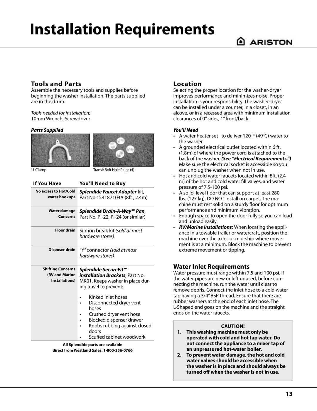 Ariston AW122 important safety instructions Installation Requirements, Tools and Parts, Location, Water Inlet Requirements 