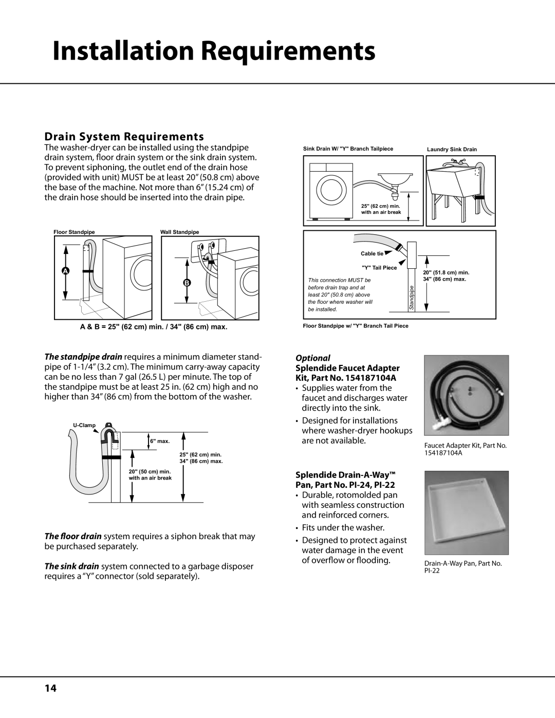 Ariston AW122 important safety instructions Drain System Requirements, Optional, Splendide Faucet Adapter Kit, Part No a 