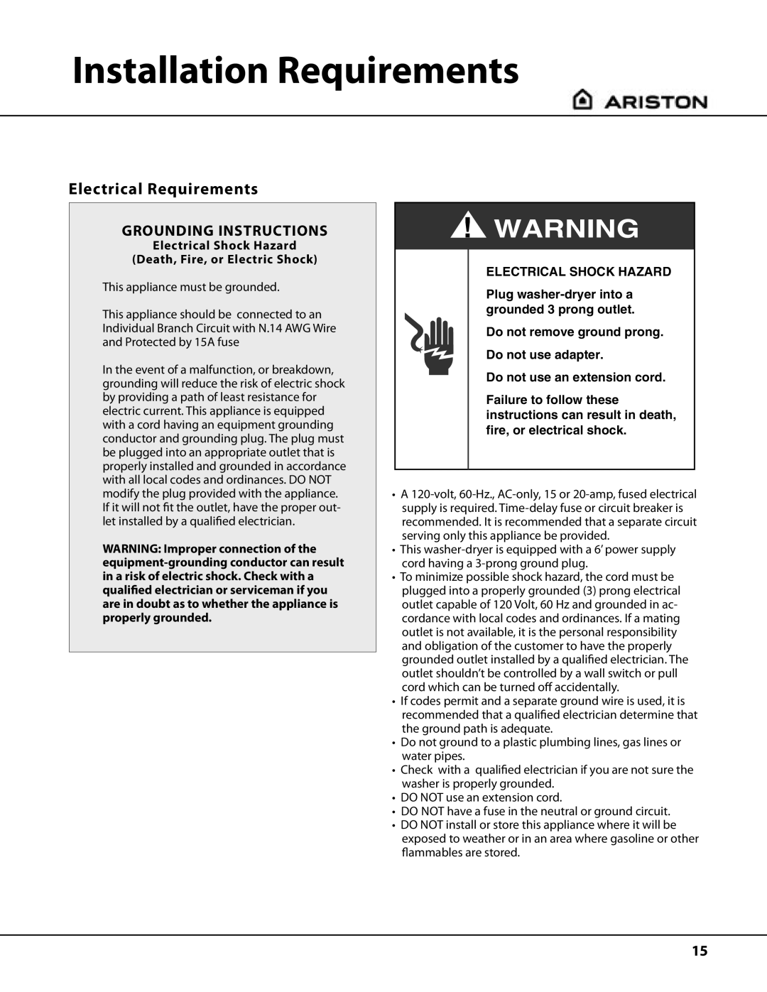 Ariston AW122 important safety instructions Electrical Requirements, Electrical Shock Hazard Death, Fire, or Electric Shock 