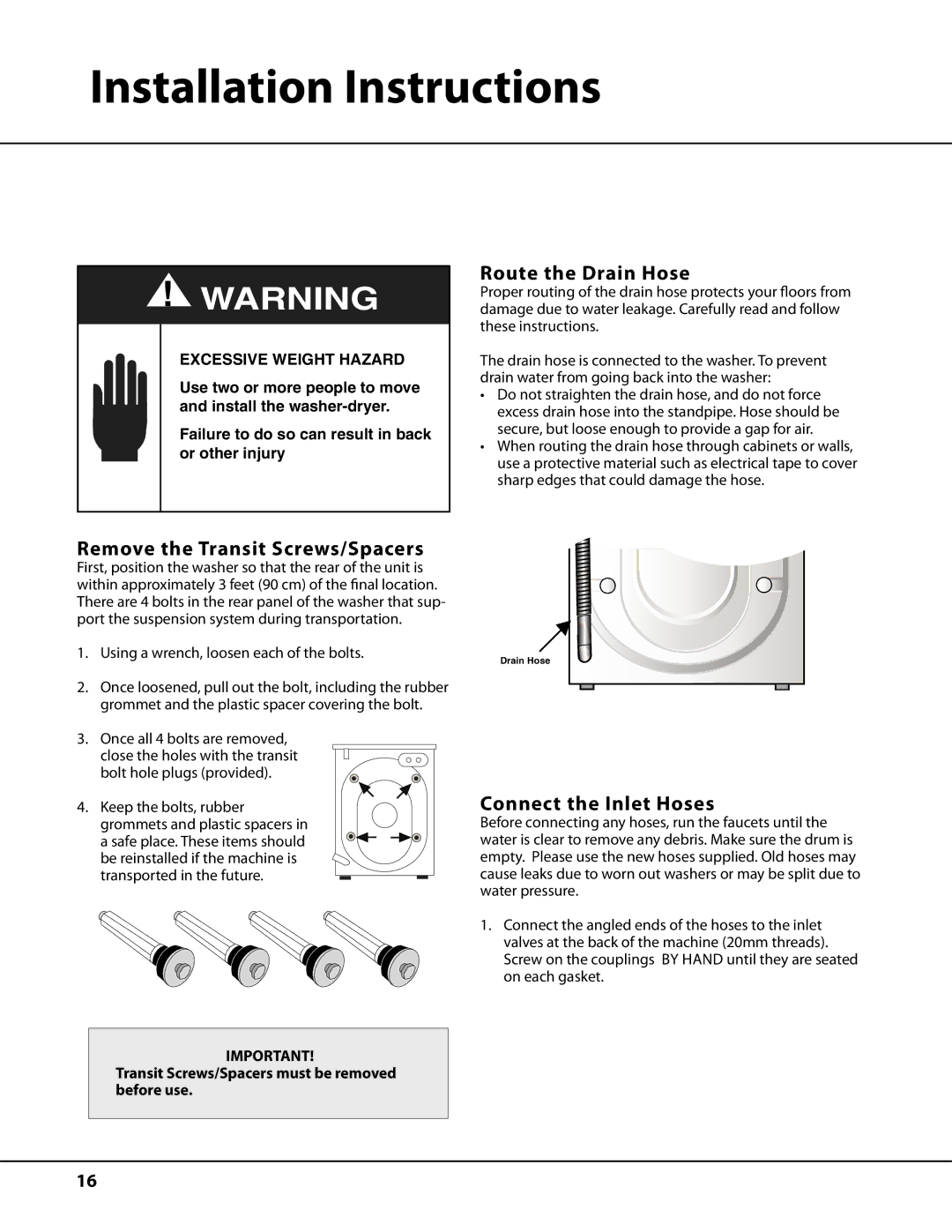 Ariston AW122 Installation Instructions, Route the Drain Hose, Remove the Transit Screws/Spacers, Connect the Inlet Hoses 