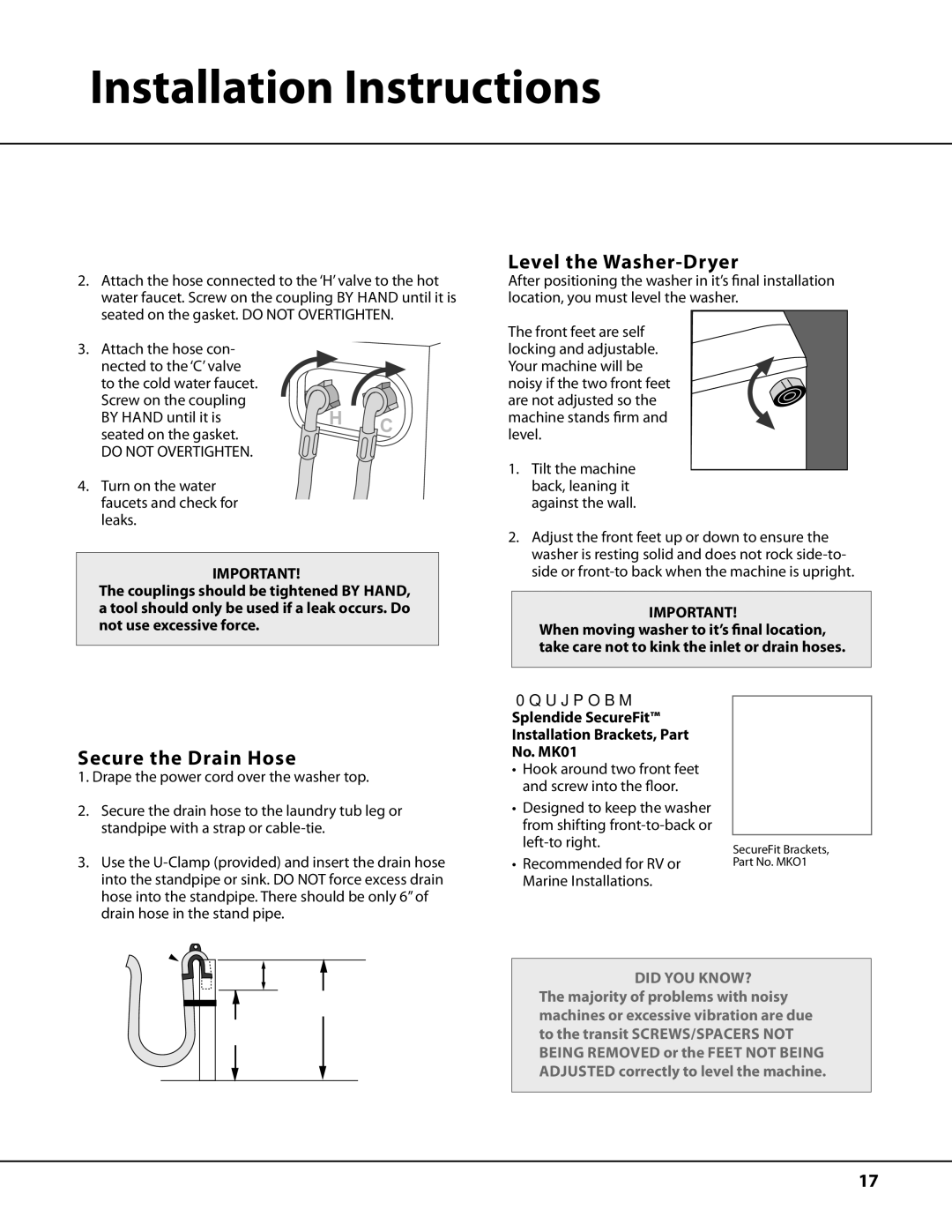 Ariston AW122 Level the Washer-Dryer, Secure the Drain Hose, Turn on the water faucets and check for leaks 