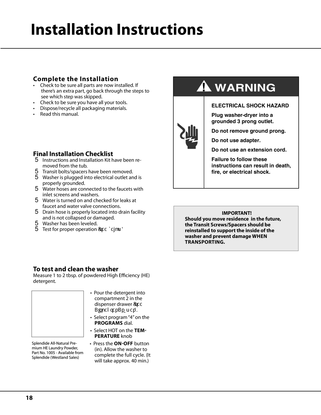 Ariston AW122 Complete the Installation, Final Installation Checklist, To test and clean the washer 