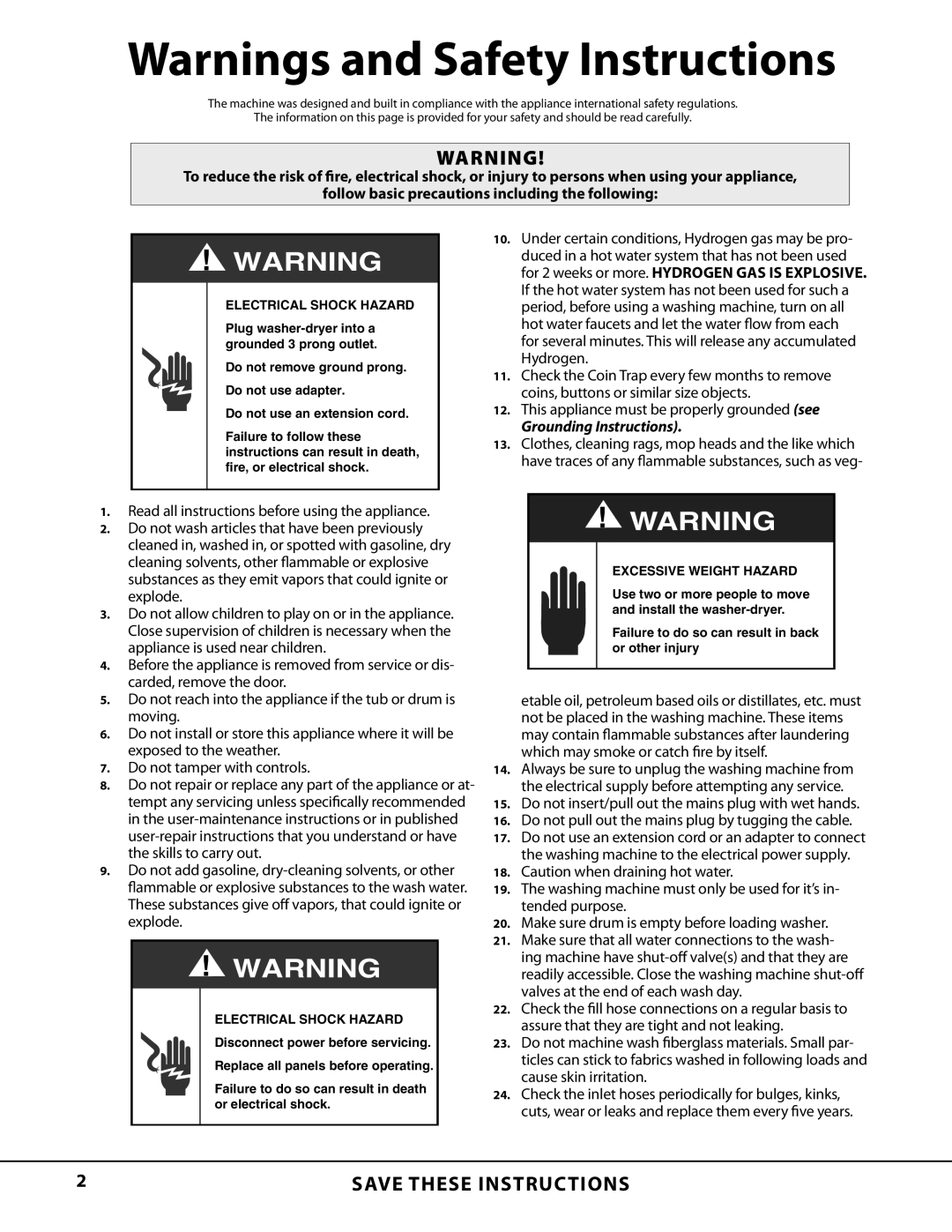 Ariston AW122 important safety instructions Grounding Instructions, Electrical Shock Hazard 