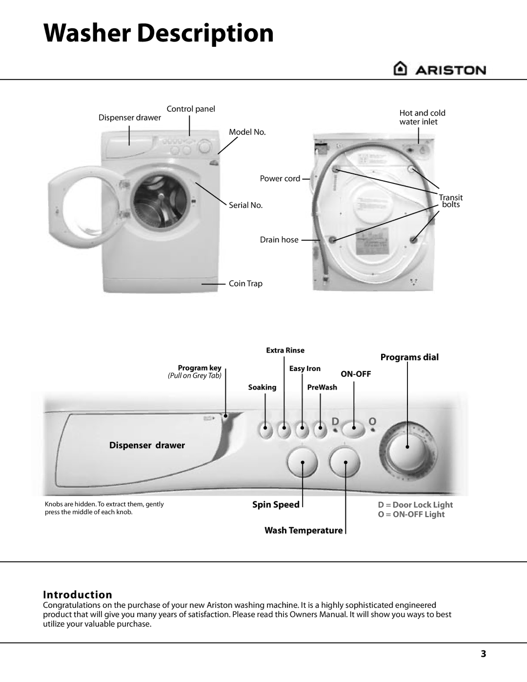 Ariston AW122 important safety instructions Washer Description, Introduction, Dispenser drawer, Programs dial 