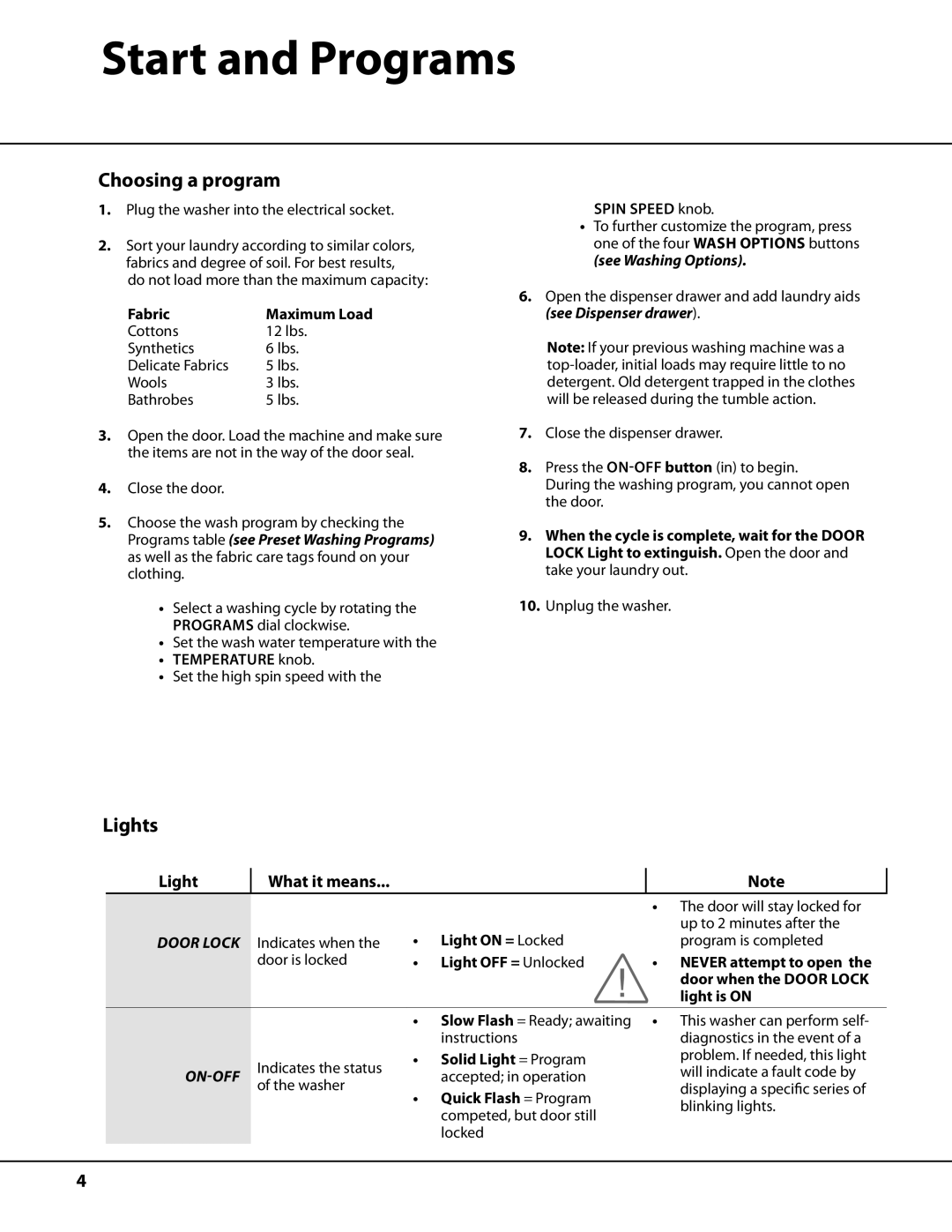 Ariston AW122 Start and Programs, Choosing a program, Lights, Light What it means, See Washing Options 