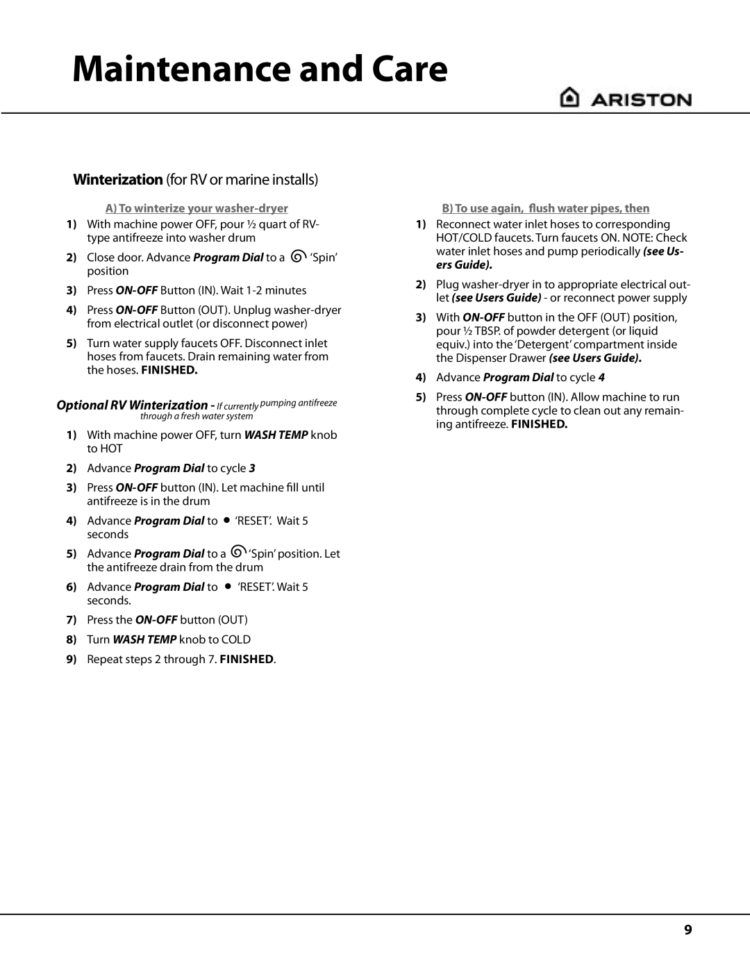 Ariston AW122 important safety instructions Winterization for RV or marine installs 